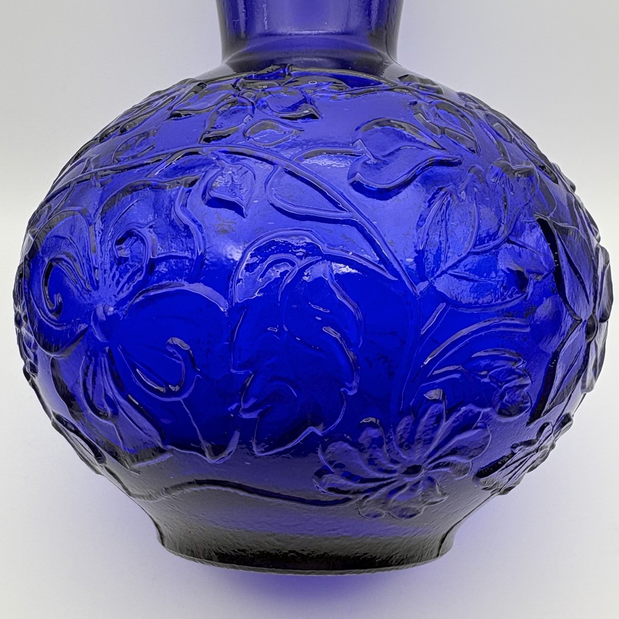Vintage Cobalt Blue Glass Vase Embossed Floral Unmarked Italy Style
