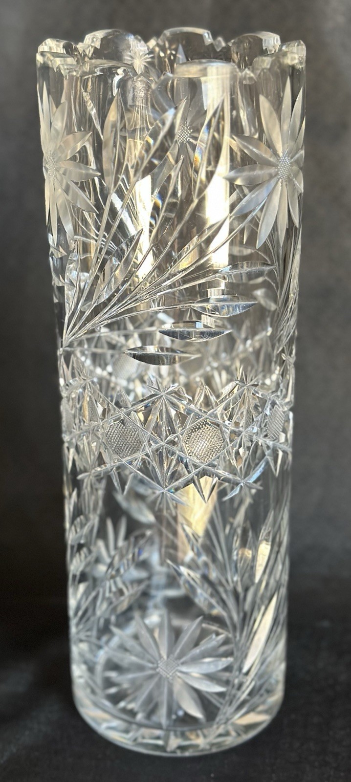 Antique American Brilliant Cut Glass Vase 12” Floral Daisy Pattern Zig Zag Rim