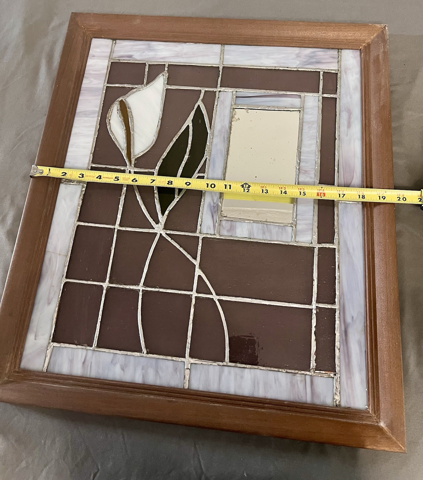 VTG Stained Glass Calla Lily W/ Mirror In Original Wood Frame 19.5×22.5×1”