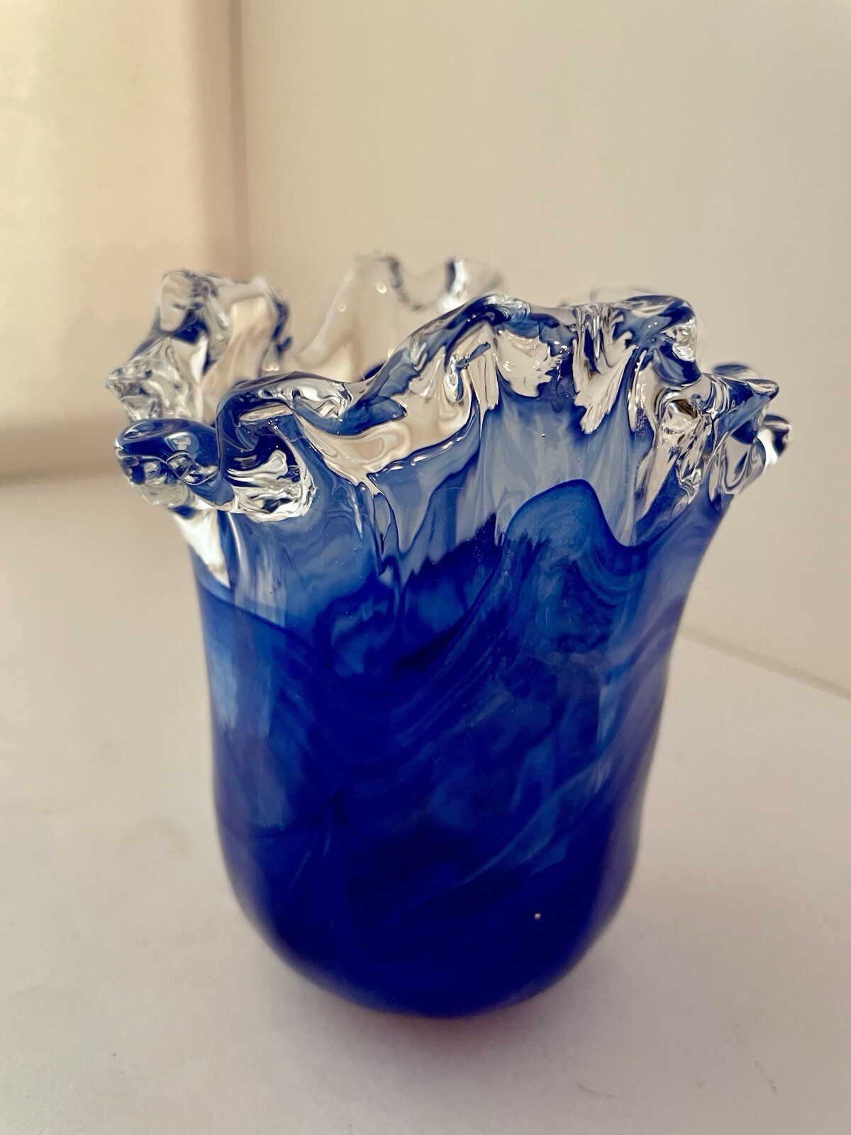 Murano White Cristal Cobalt And Clear Made In Italy Glass Vase