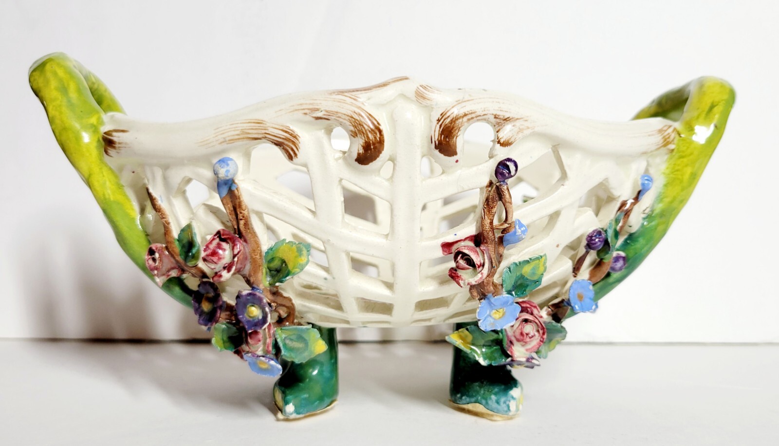 VTG Italian Handmade Hand-painted Reticulated Porcelain Basket with Flowers