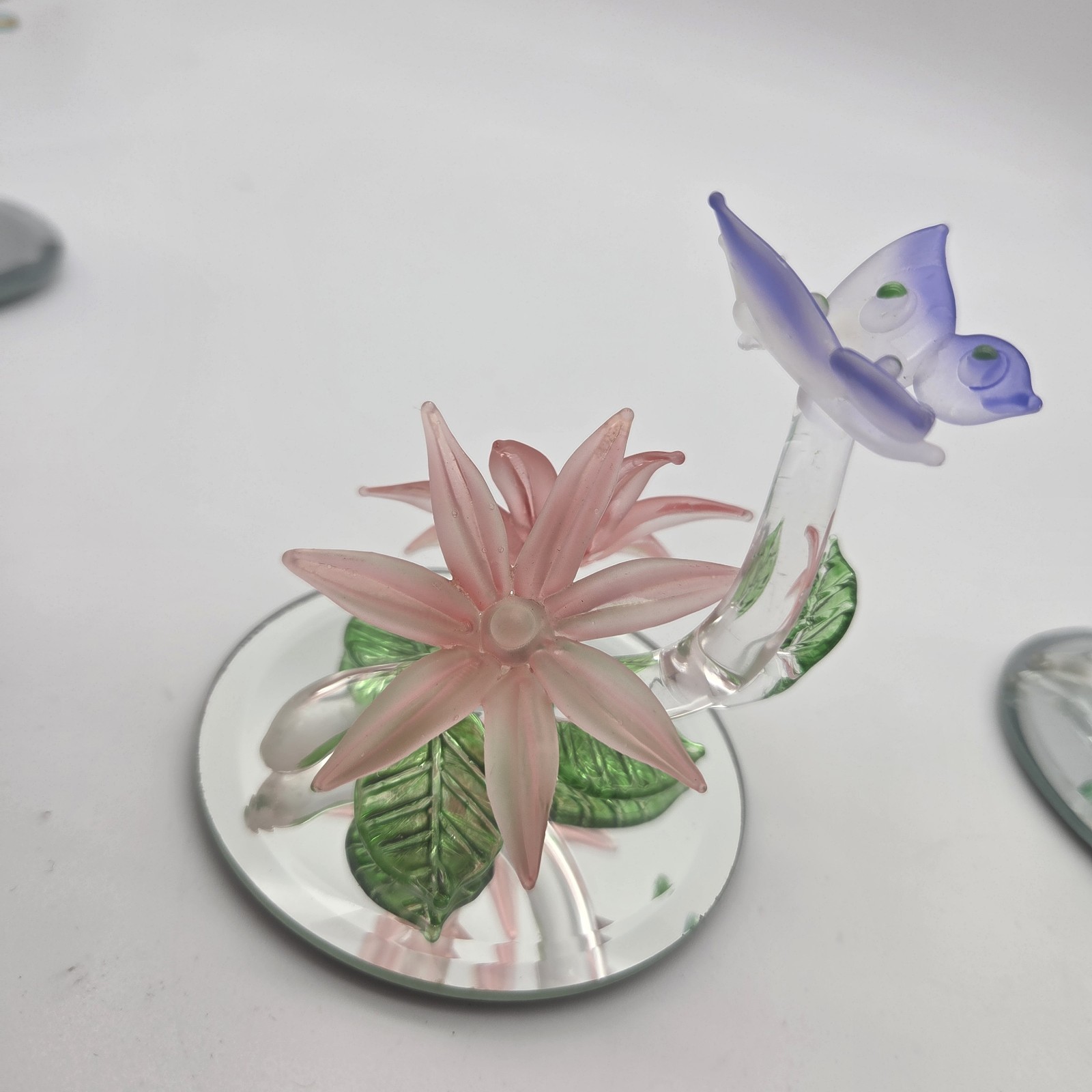 Lot Of 3 Frosted Butterfly Orchids Birds Swing Glass Spun Blown on Mirror Base
