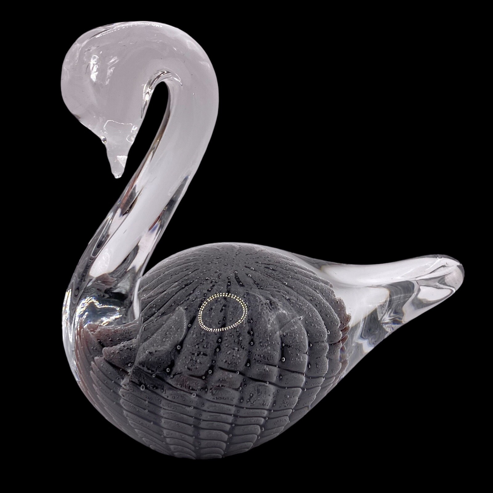 FM Konstglass Ronneby Sweden Art Glass Swan Paperweight Gray Swirl Clear