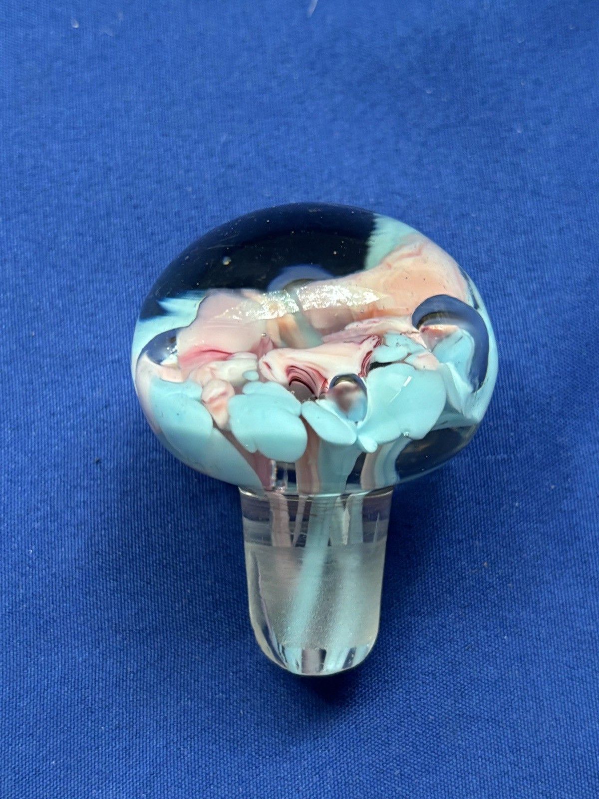 Vintage Art Glass PINK & BLUE Flowers Bottle Stopper Round 2 x 2 1/4″ Blue Base