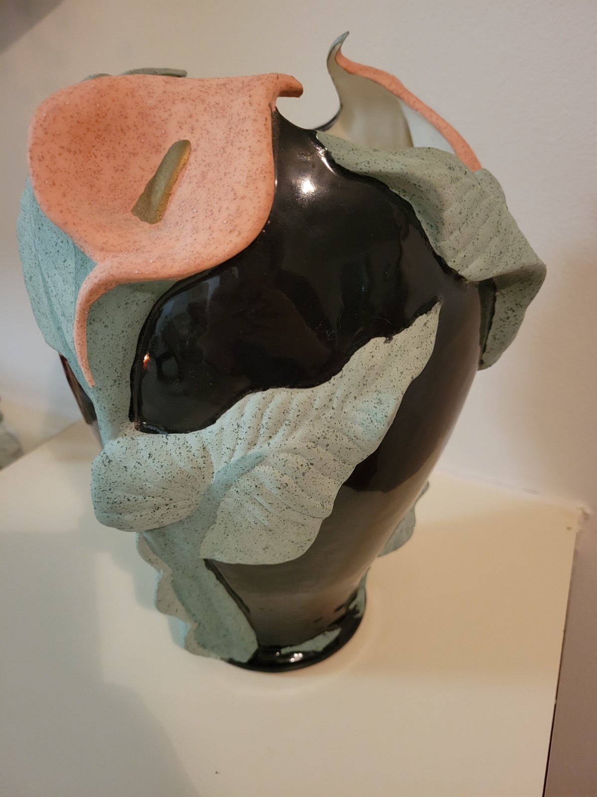 Postmodern Studio Pottery Calla Lily Vase Black Glossy MintGreen Peach 1990s Art