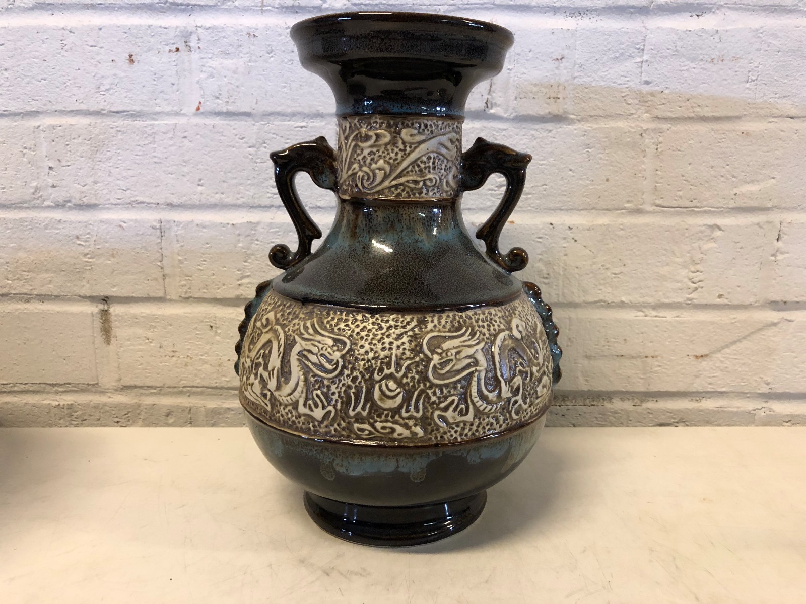 Art Pottery Asian Inspired Drip Glaze Ceramic Handled Vase with Dragon Motif