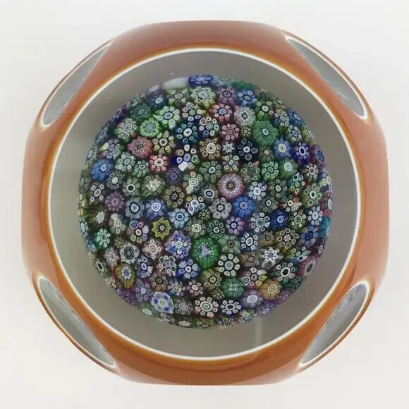 Perthshire 1981H Amber Overlay Closepack Complex Millefiori Faceted Paperweight