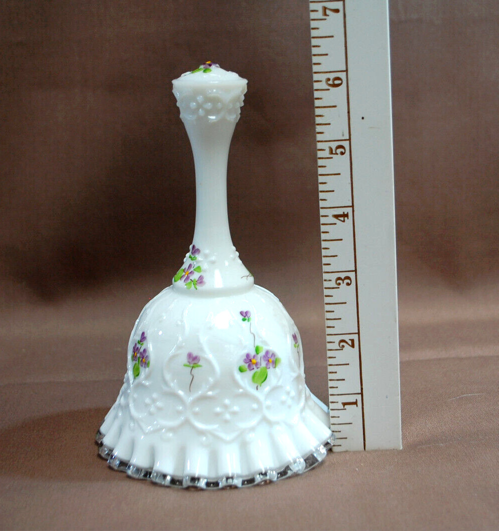 Fenton Silver Crest Bell Violets In The Snow Hand-Painted, Signed Vintage T1677