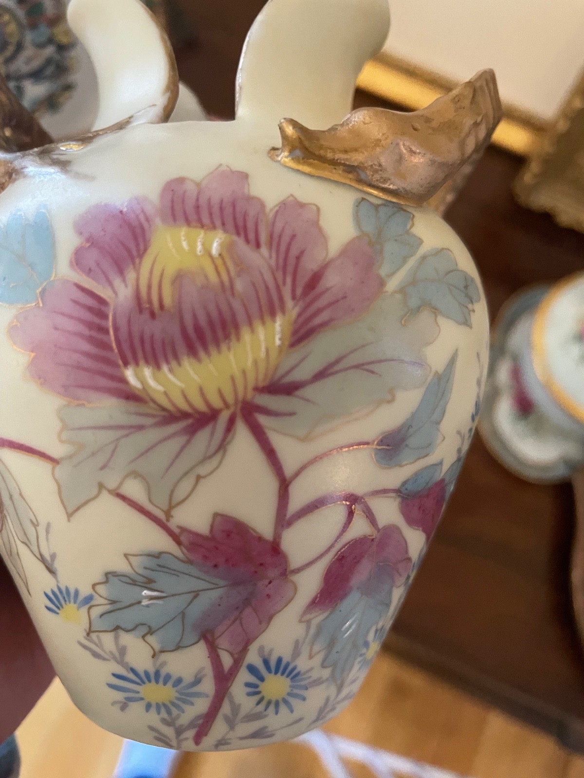 Victoria Porcelain Carlsbad Austria Double Spout Vase with Serpent Handles