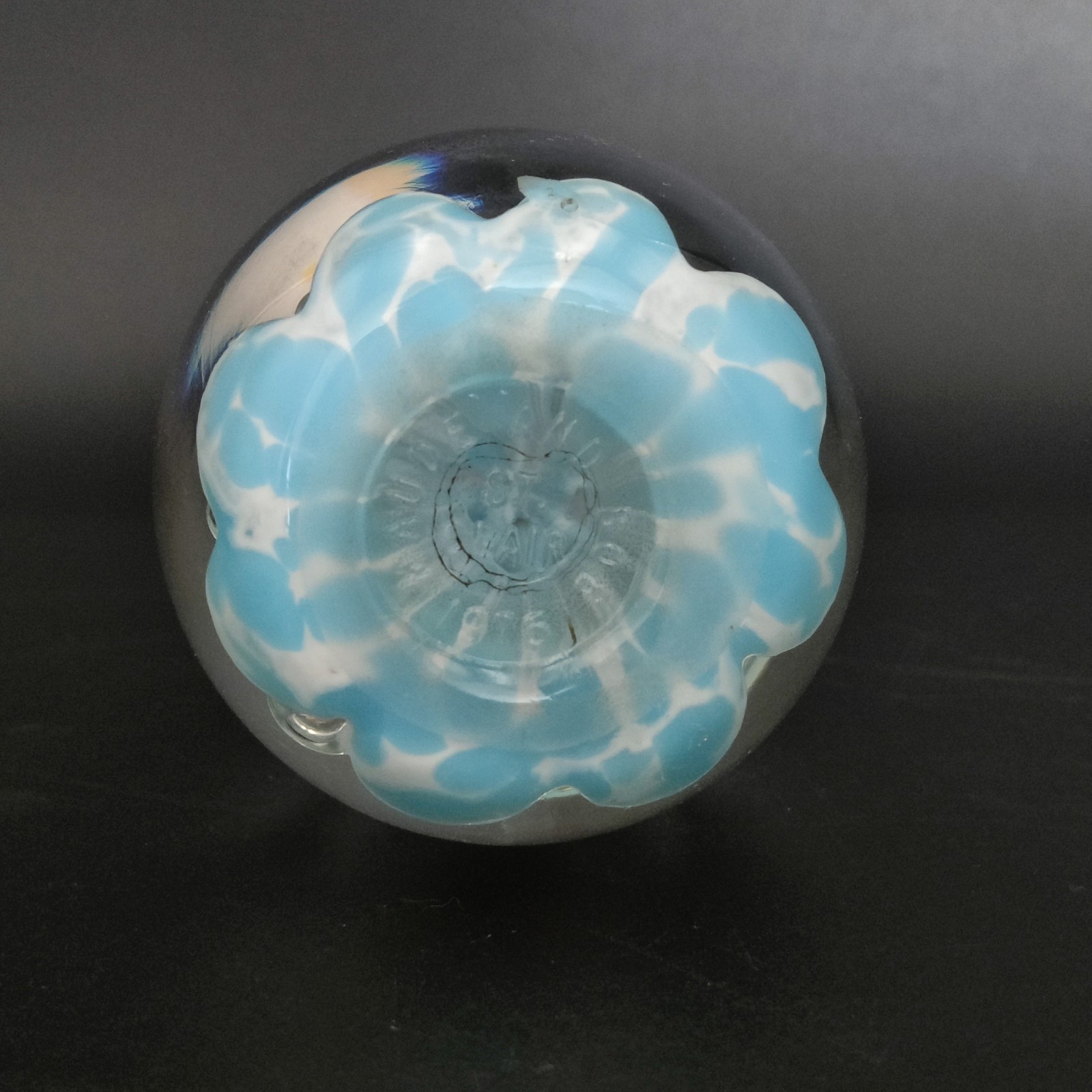 Vintage St. Clair Signed Glass Sulphide Paperweight Kewpie on Blue (Maude & Bob)