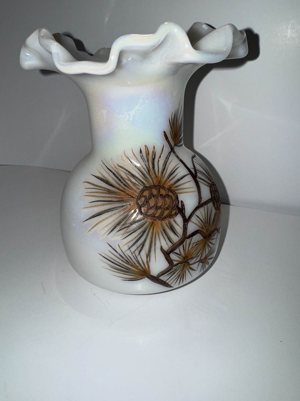 Antique 5.0″Consolidated Glass Iridescent Milk Glass Scalloped Rim.