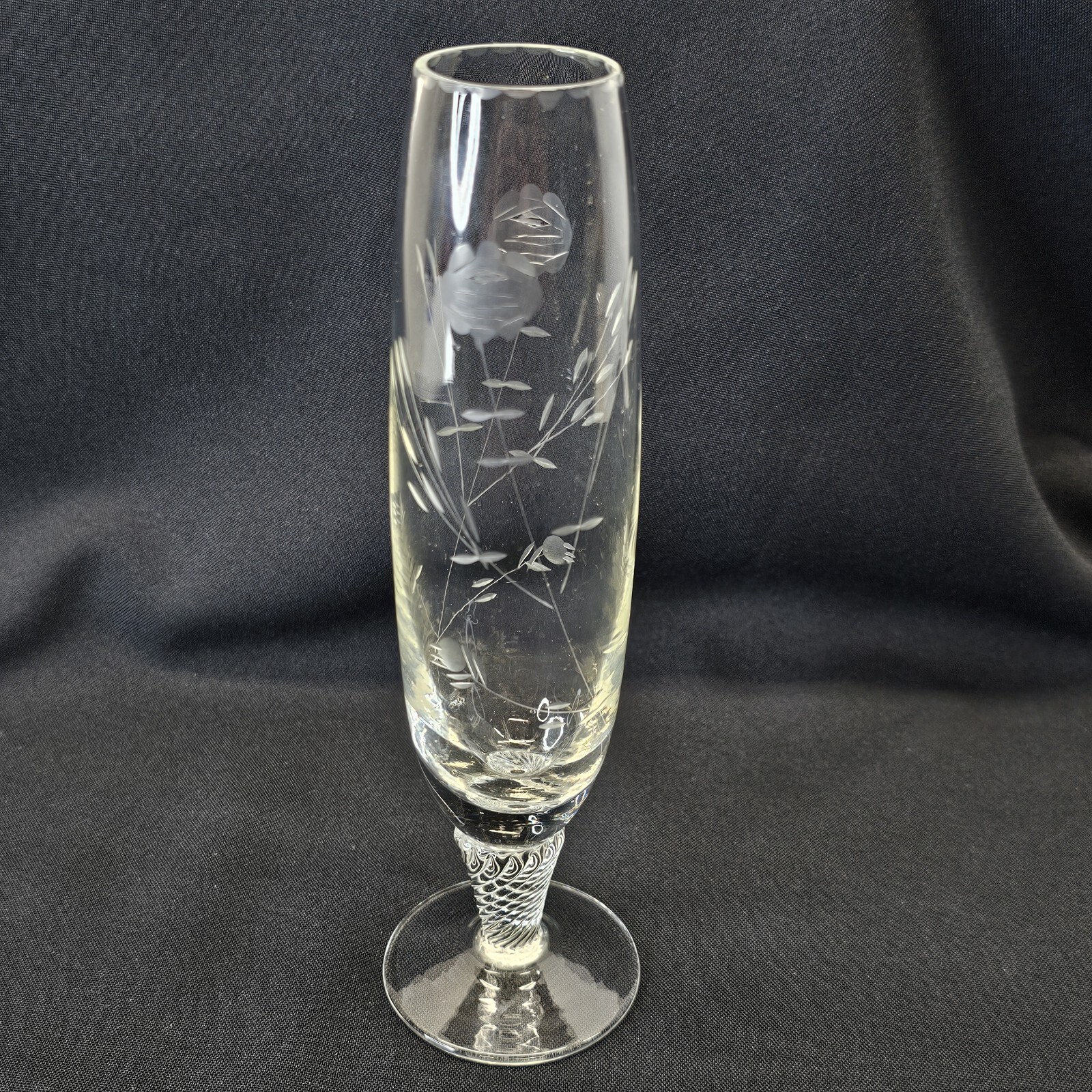 Vintage Crystal Clear Glass Bud Vase Acid Etched Flowers And Edge Footed