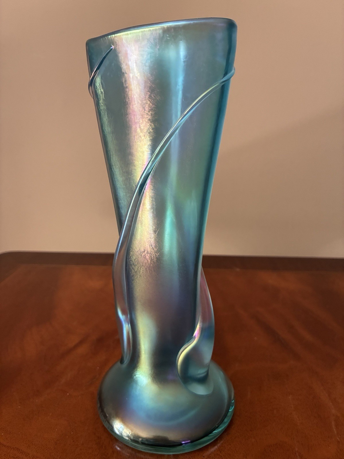 Zellique Glass Studio Iridescent Blue 8” Art Glass Vase Signed JM Joseph Morel