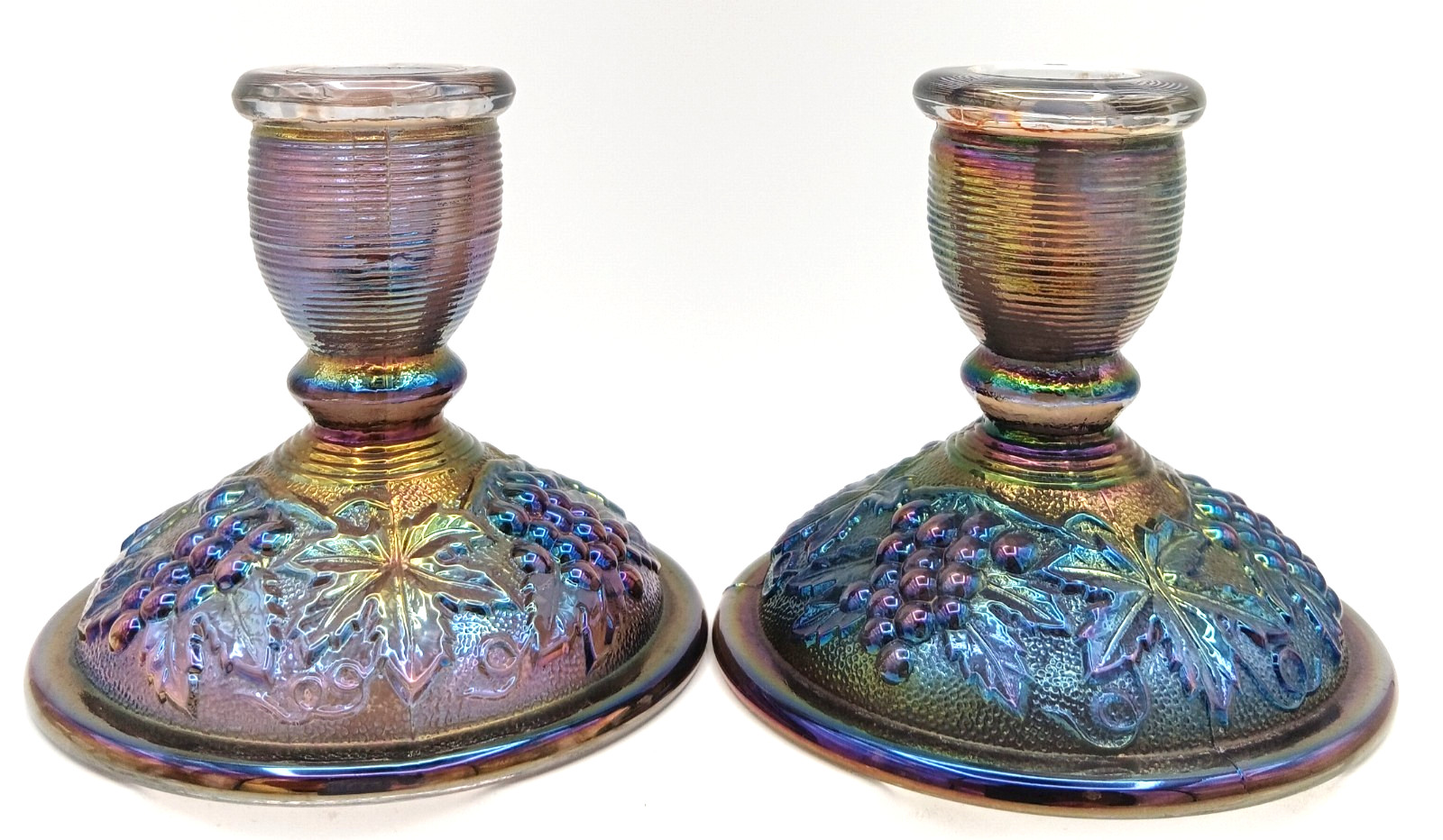 Vtg. Imperial Grape & Leaf Amethyst Carnival Glass Candle Holders 1951-1977
