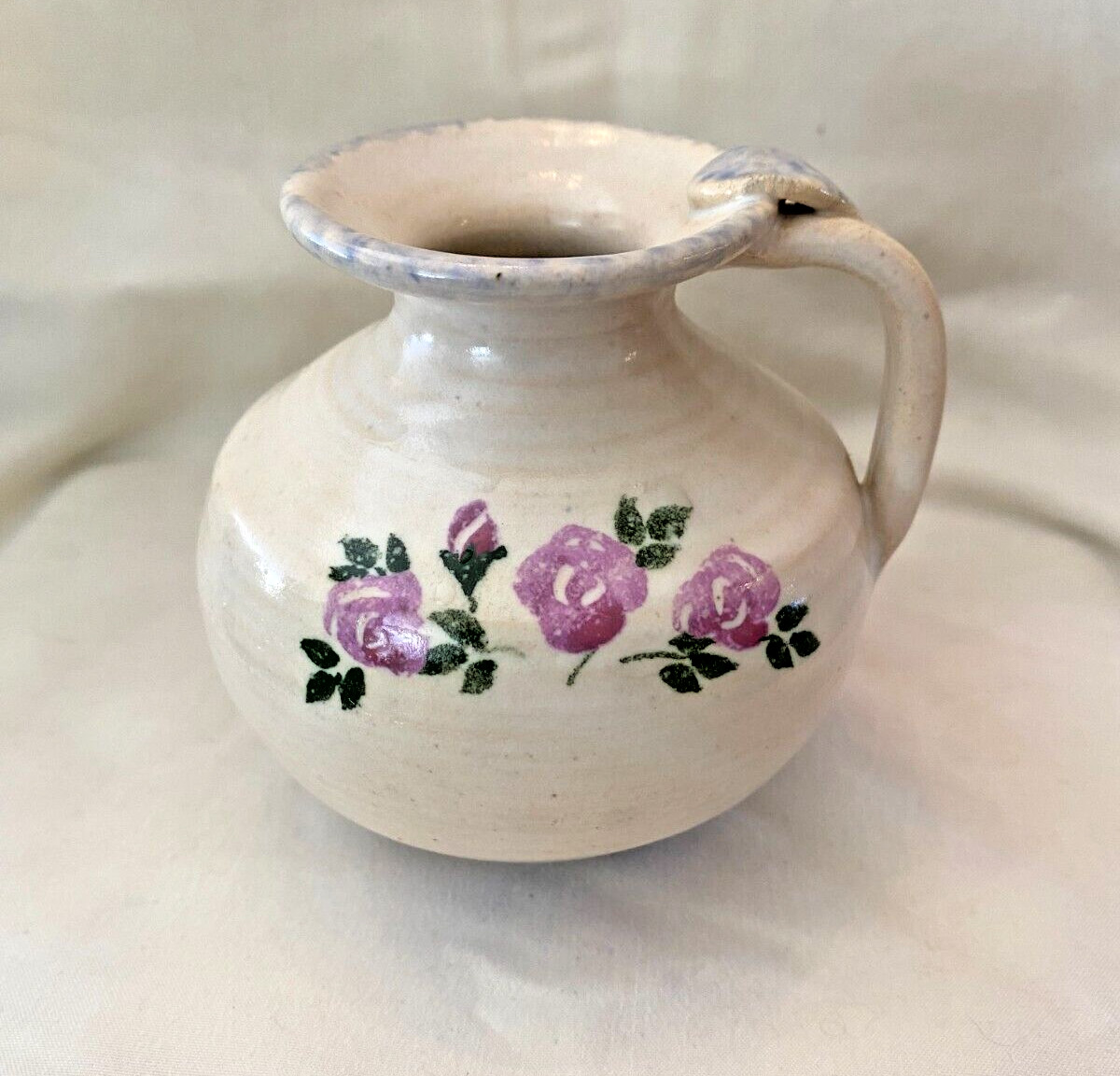 Vintage Small Floral Studio Pottery Pitcher Vase Cream Purple and Blue