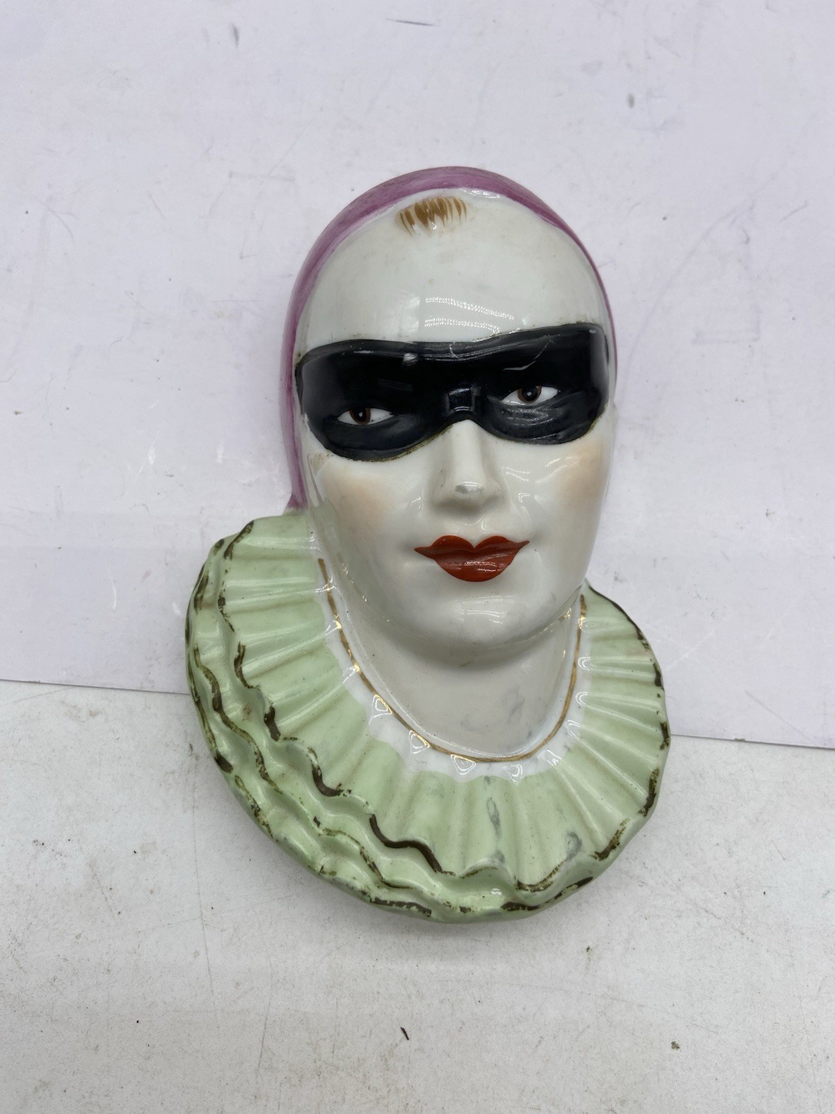RARE Vintage Masked Pierrot Clown Columbine Head Vase Wall Pocket Masquerade