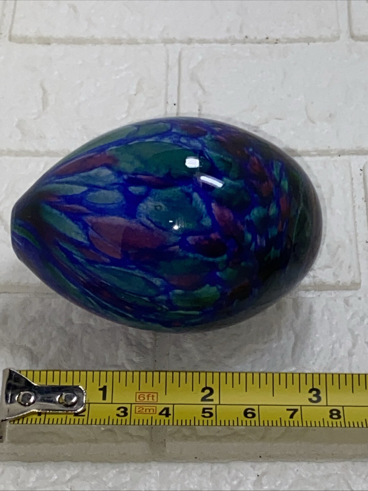 Vintage Adam JABLONSKI Art Glass Egg Shaped Paperweight Poland W/Atlantis Stand
