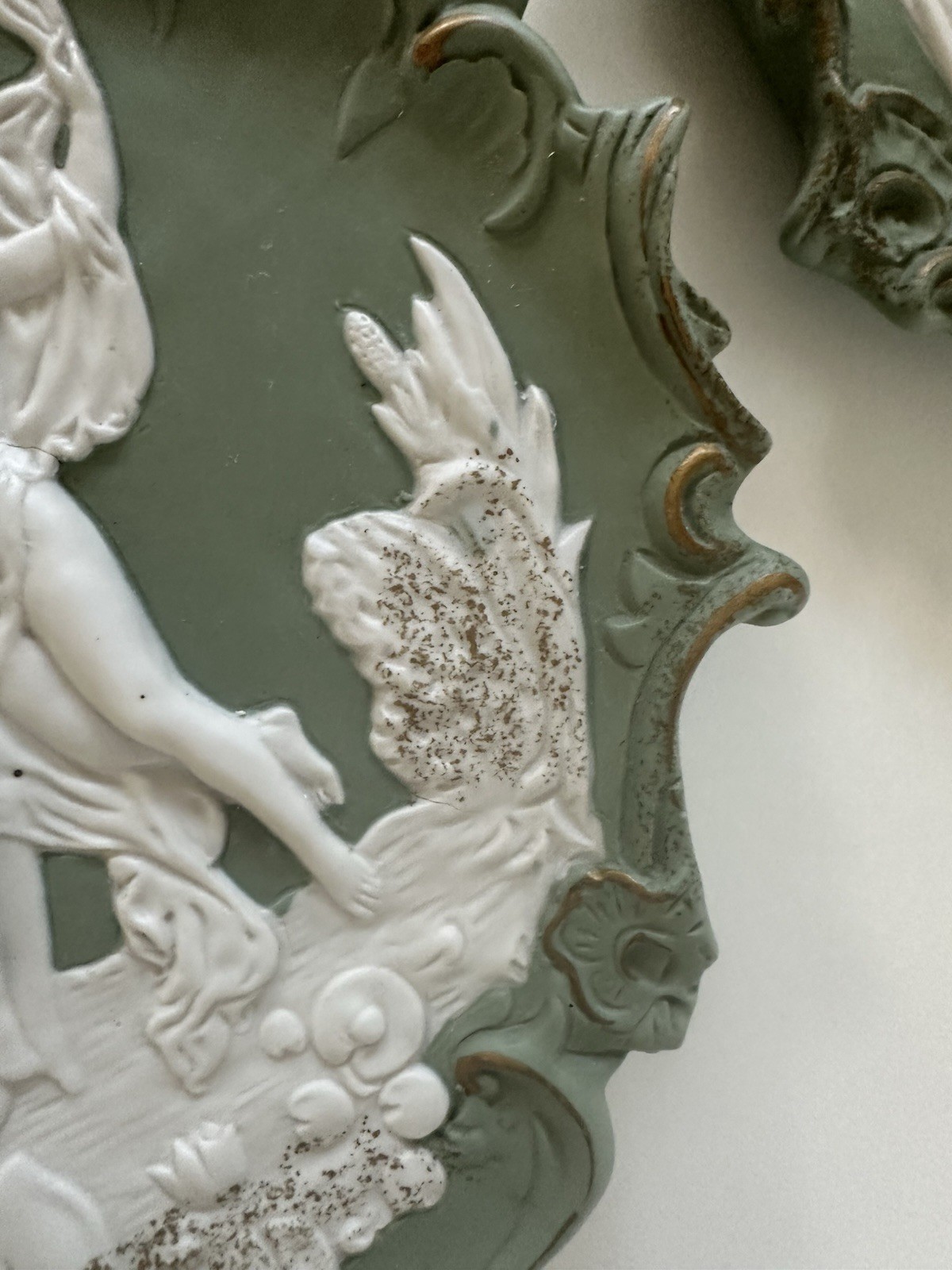 Set of 2 Green Jasperware Wall Plaque Neoclassical Wedgwood Style Relief Figures