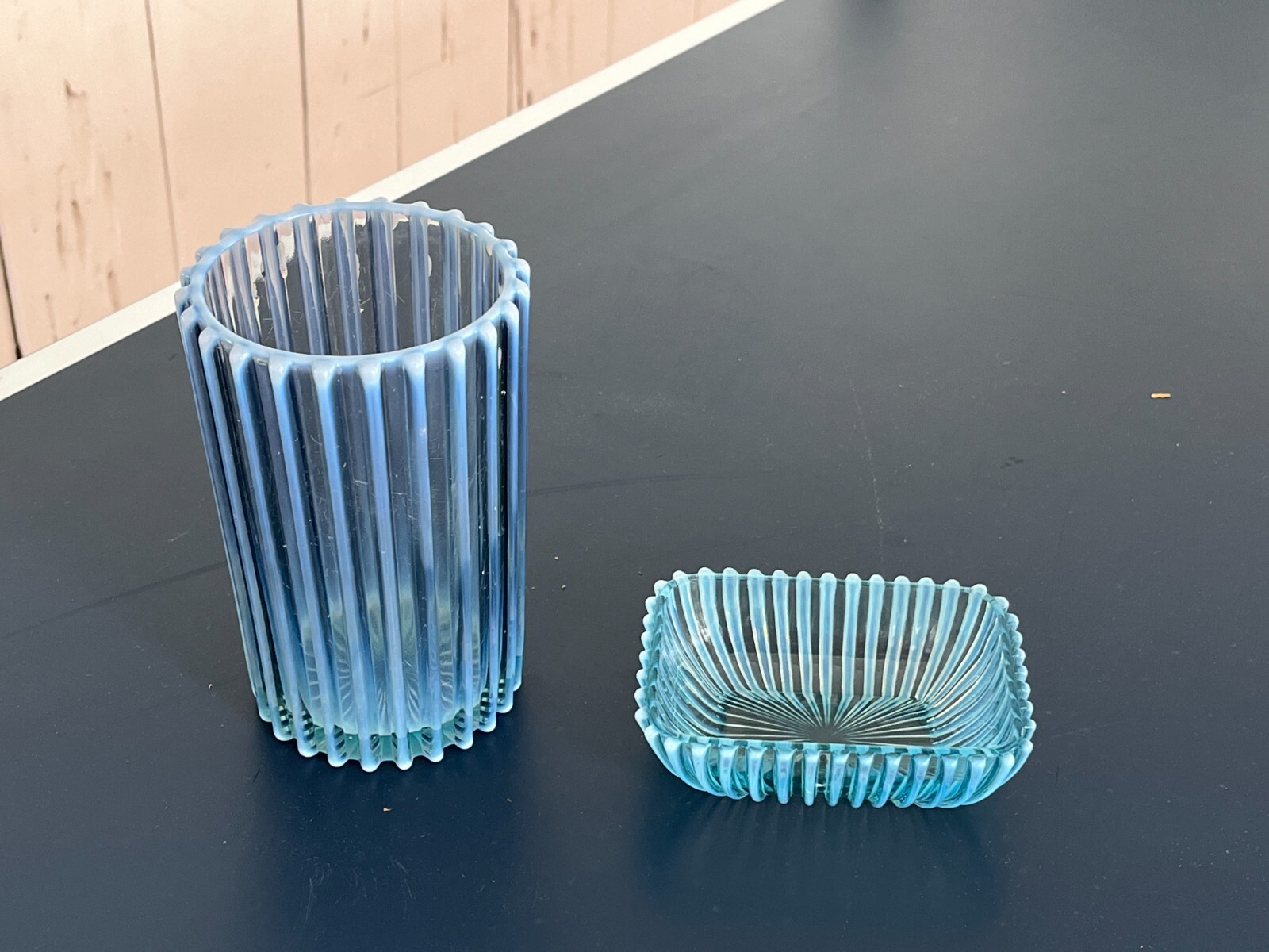 RARE ANTIQUE BLUE OPALESCENT GLASS AJ BEATTY RIB CELERY VASE 6.5″ TALL