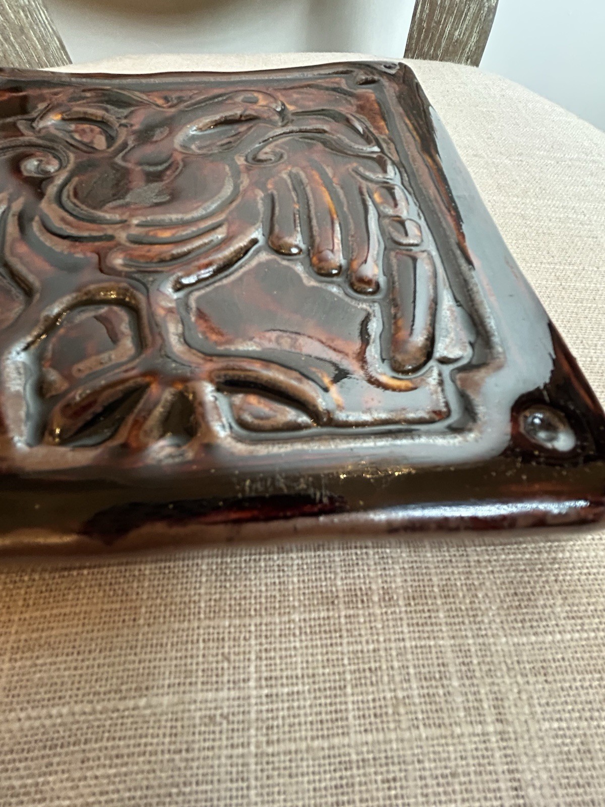 VTG Pewabic Pottery Two Headed Imperial Eagle 7.5” Tile With Tortoiseshell Glaze
