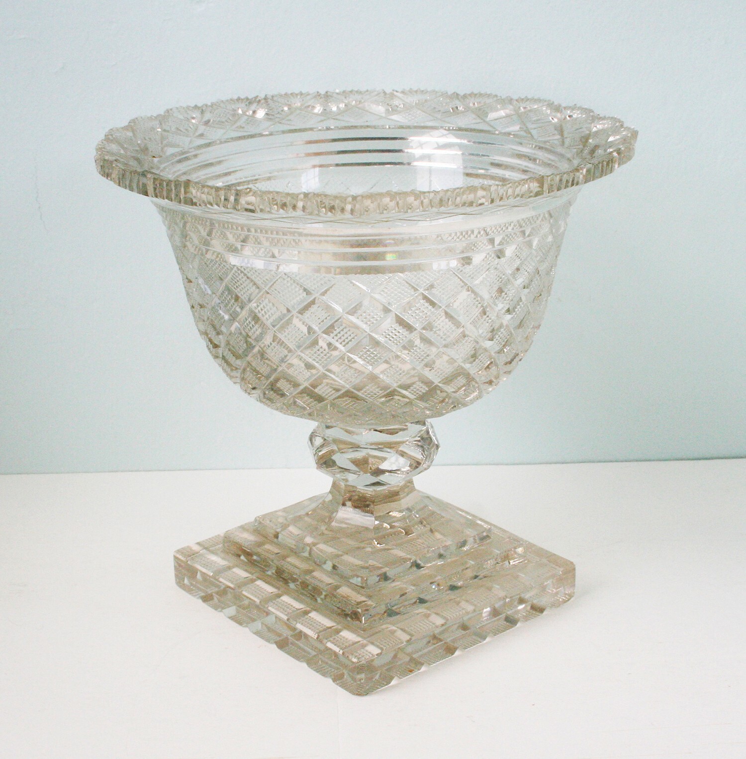 Cut Glass Pedestal Bowl, Centerpiece, Urn, 10″ Dia, weighs 10 Lbs.