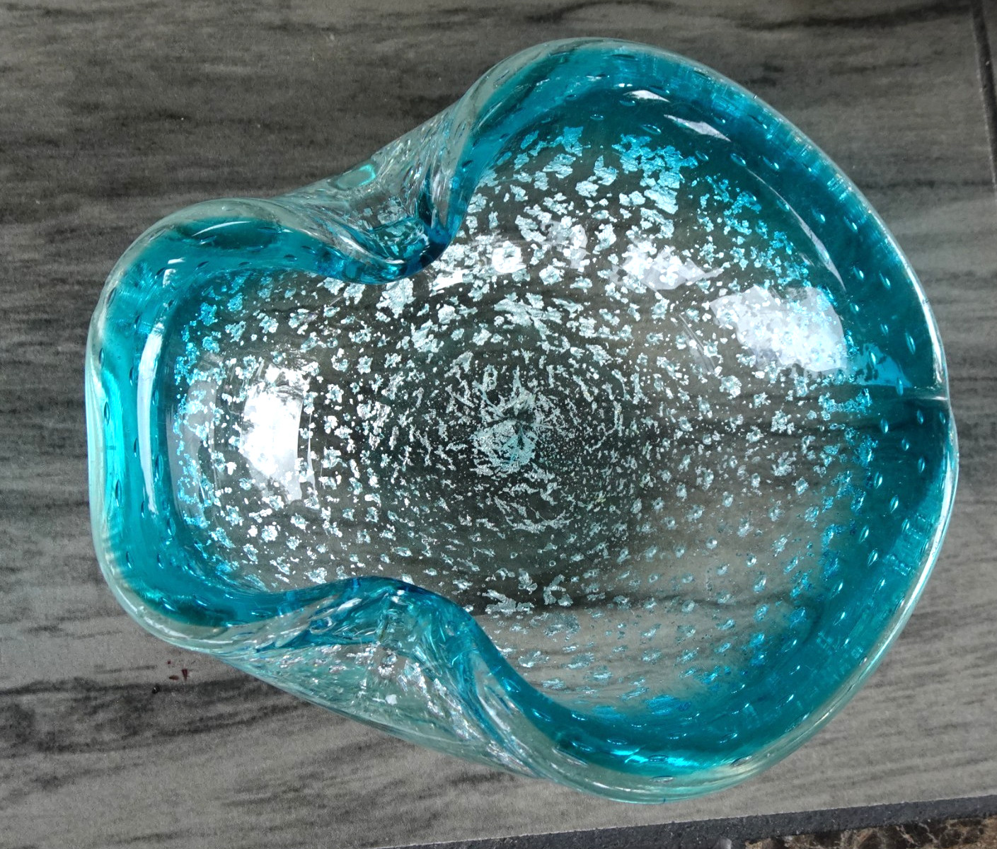 MCM Alfredo Barbini Murano Art Glass A Bolle Bubble Silver Leaf Ashtray Bowl