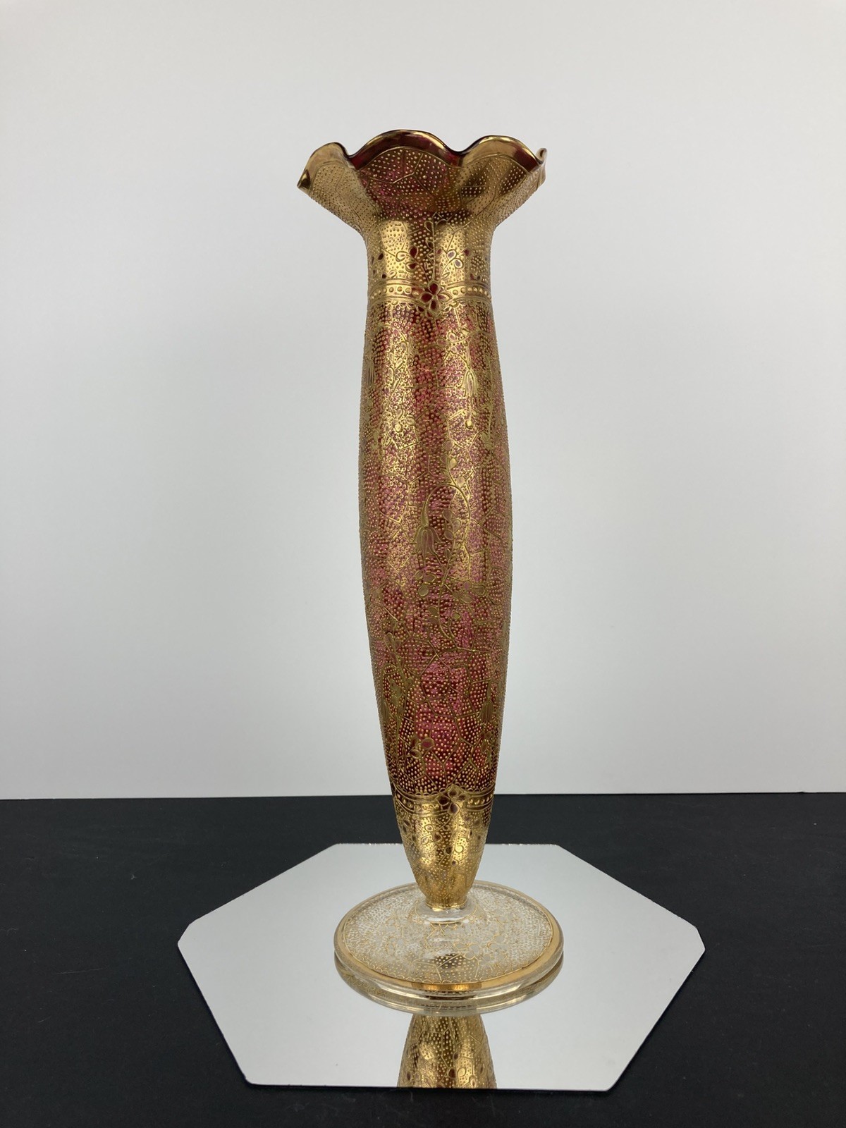 Antique Moser/Bohemian Cranberry and Heavy Stipped Gold Vase. 12 1/2″ Tall.