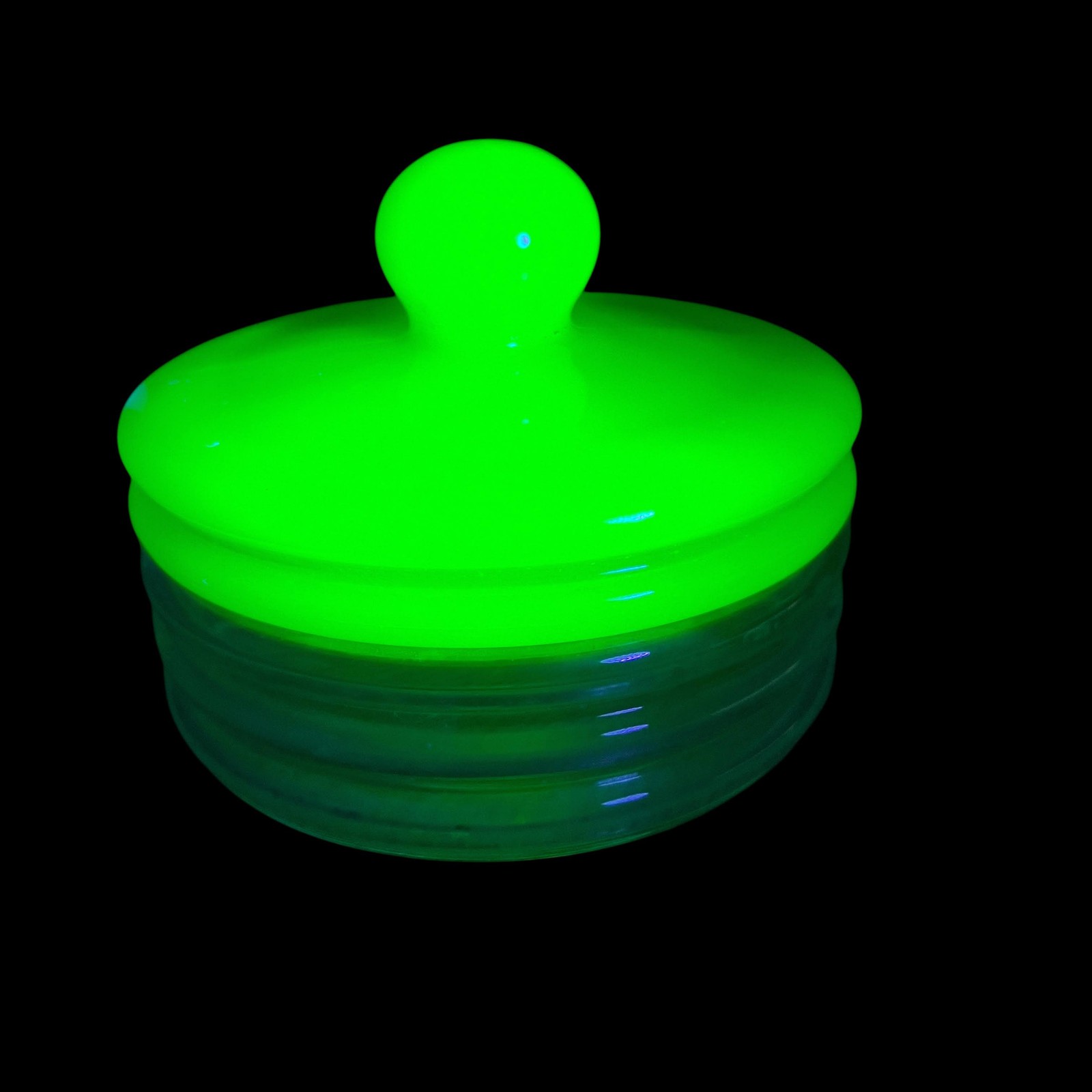 Vintage Uranium Glass Powder Box Lid Glows UV Ribbed Clear Opal Green Art Deco