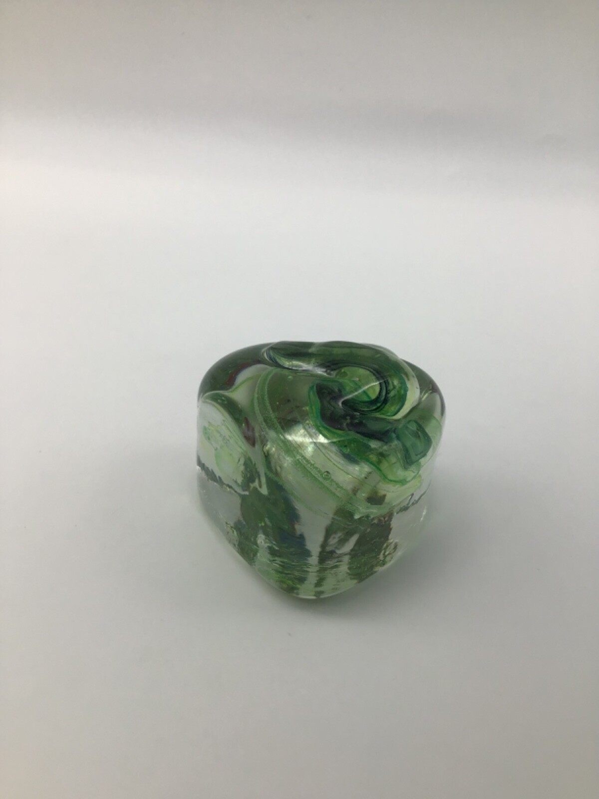 Heart Hand Blown Glass Paperweight Green/Blue/Yellow Swirl 1.75 Inch