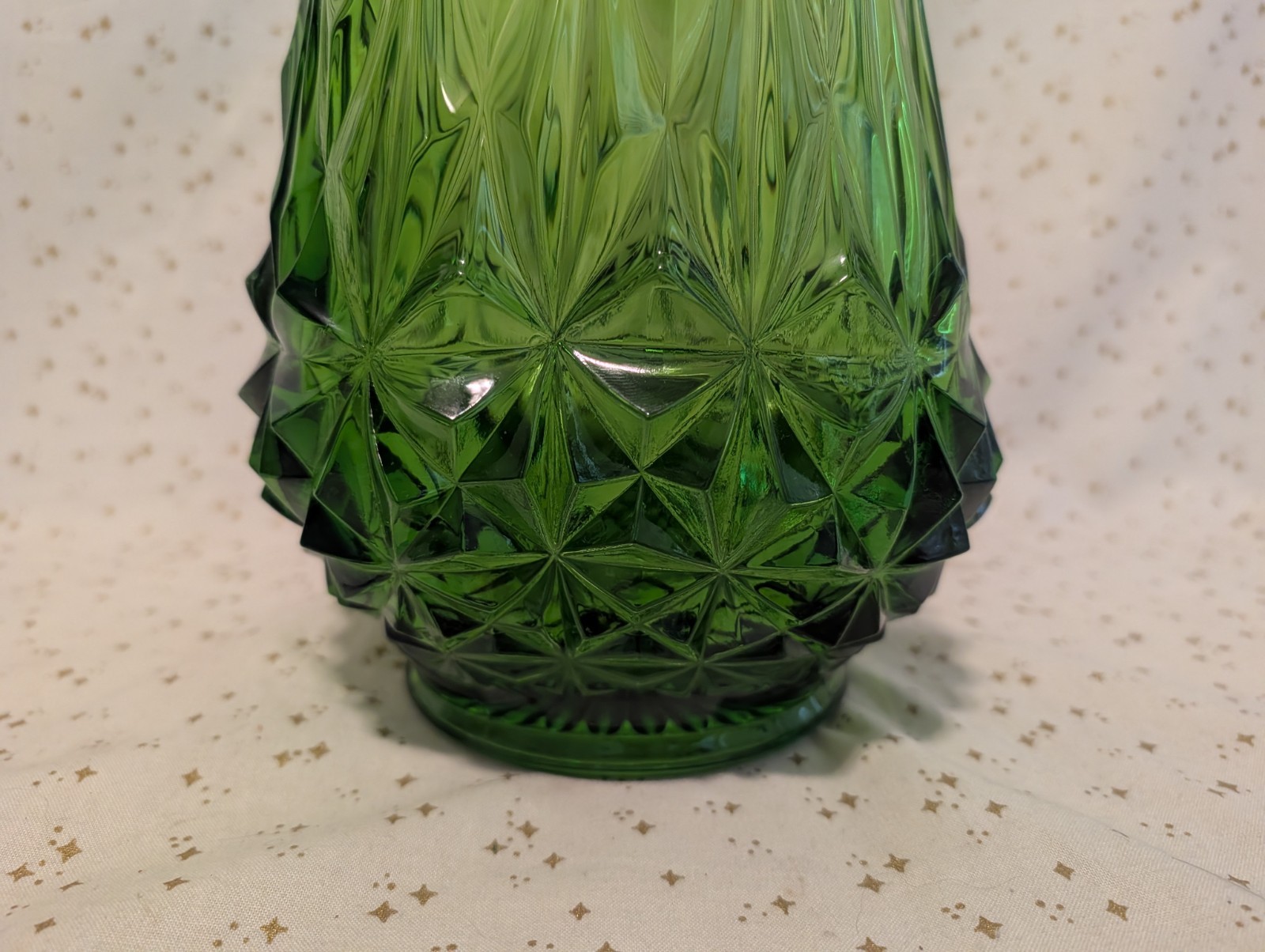 L.E. Smith Diamond Butt Swung Vase Avocado Green 22” MCM Glass