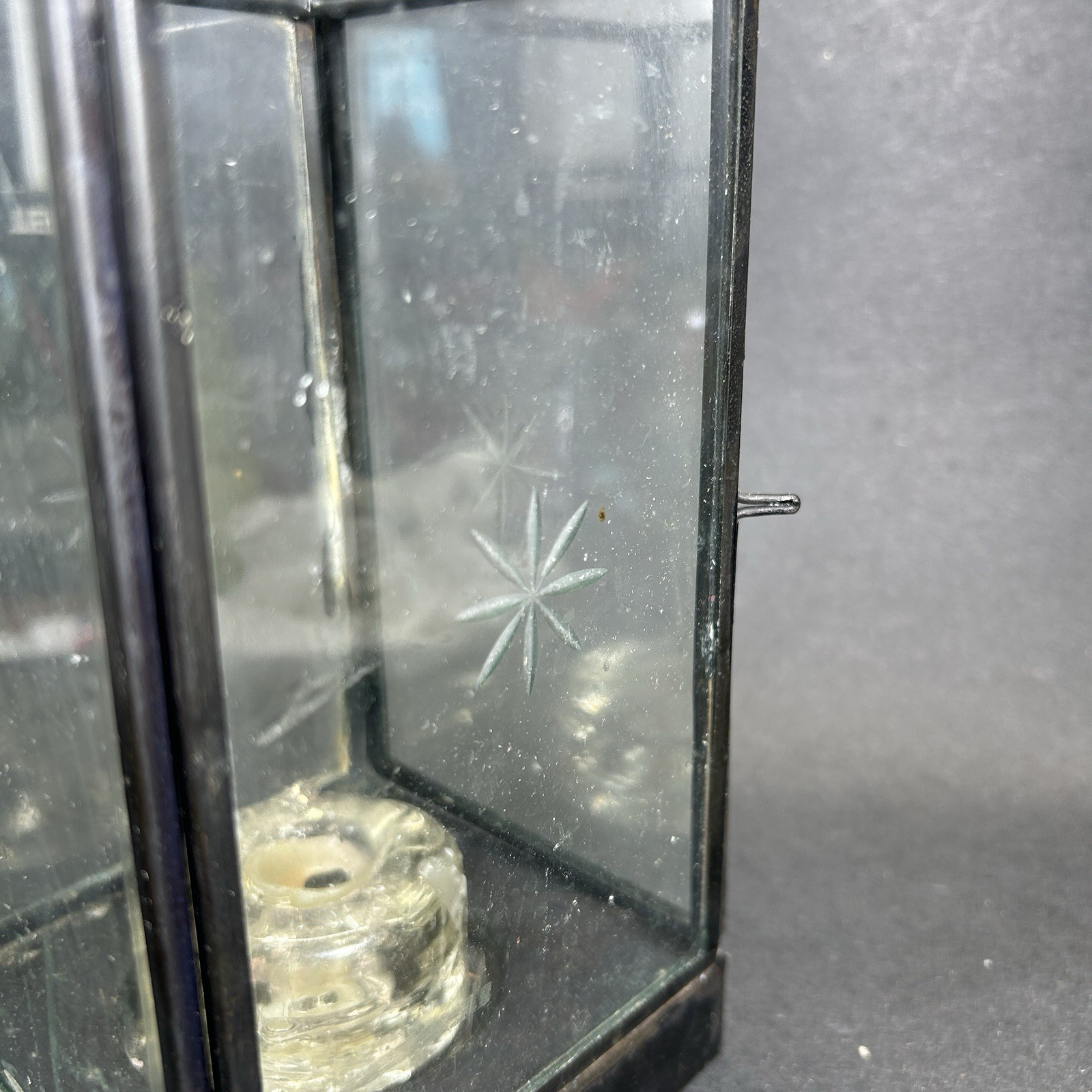 Vtg Etched Glass Candle Box With Scandinavian Glass Candle Holder & Hinged Door