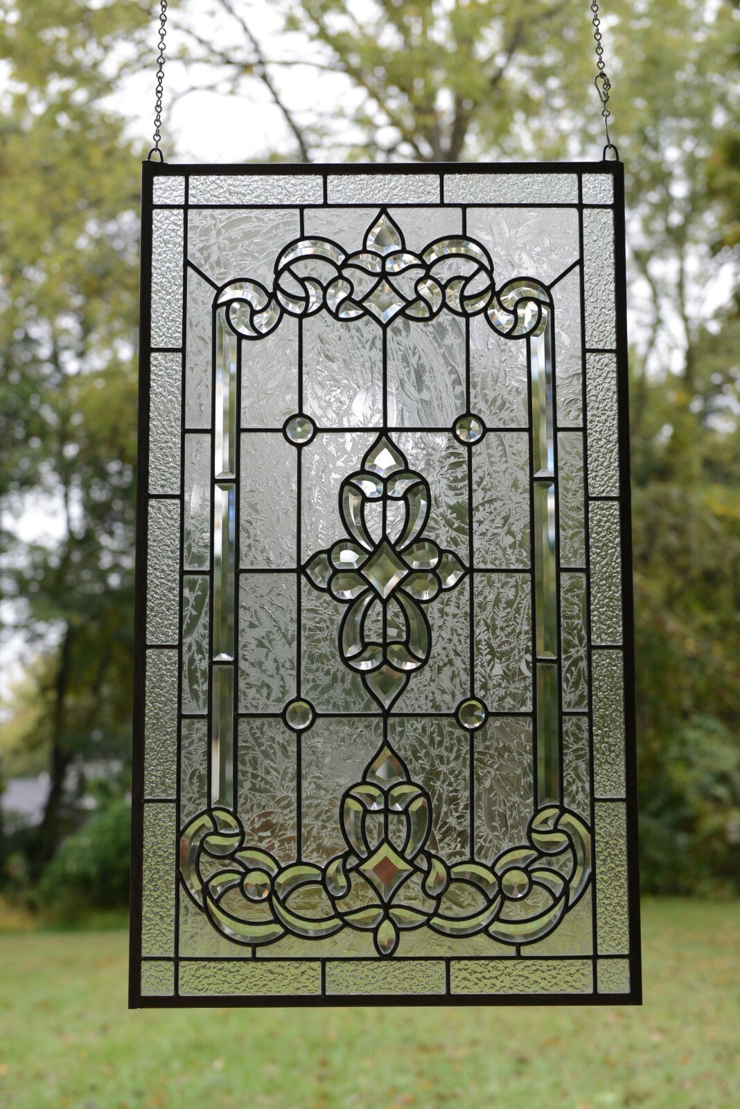 Stunning Handcrafted stained glass Clear Beveled window panel, 20″ x 34.25″