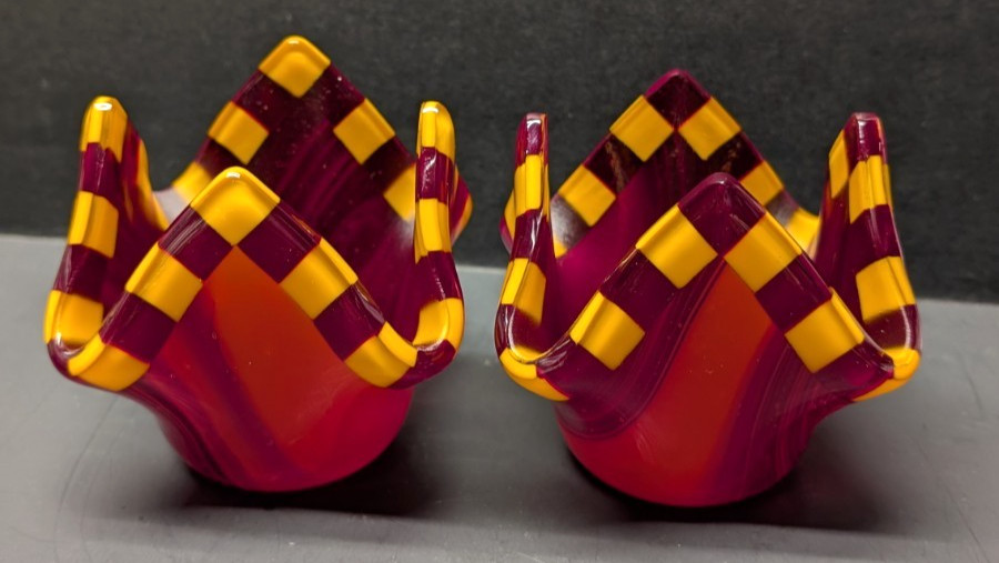 Pair of Fused Art Glass Handkerchief Votive Holder Checkerboard Rim 4″H x 4″W