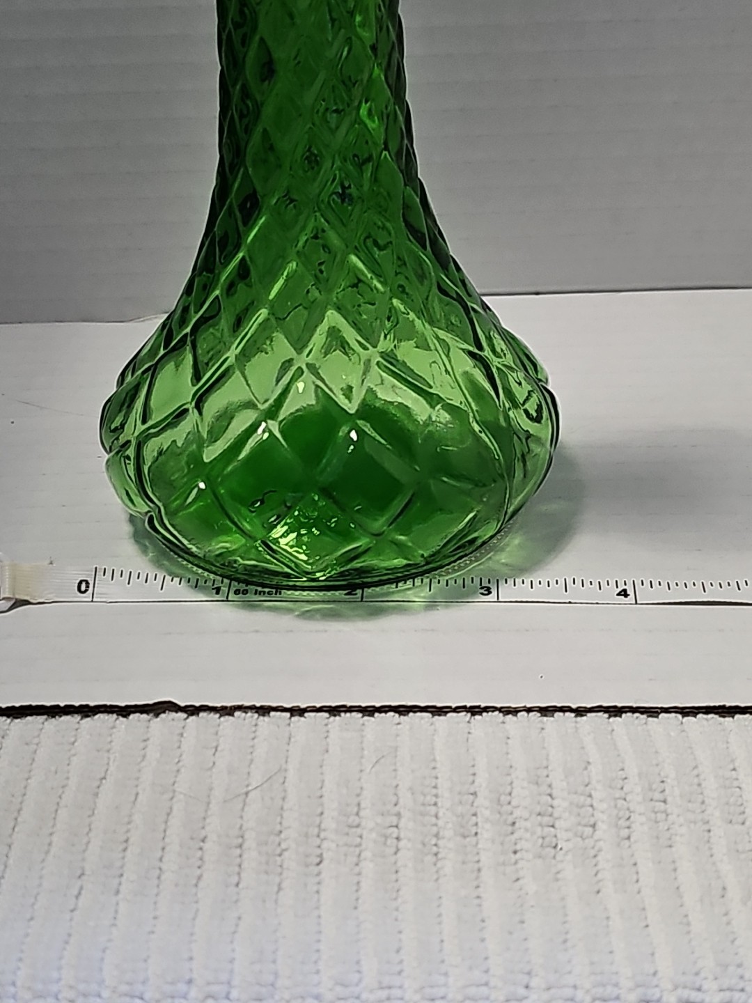 Vintage Hoosier #4092 Green Glass with Diamond Pattern 9 inch tall Bud Vase