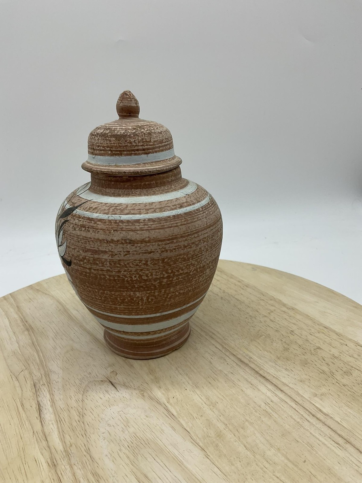 Vintage Brown Terracotta Lidded Urn Hand Painted Floral Jar Tabletop Decor