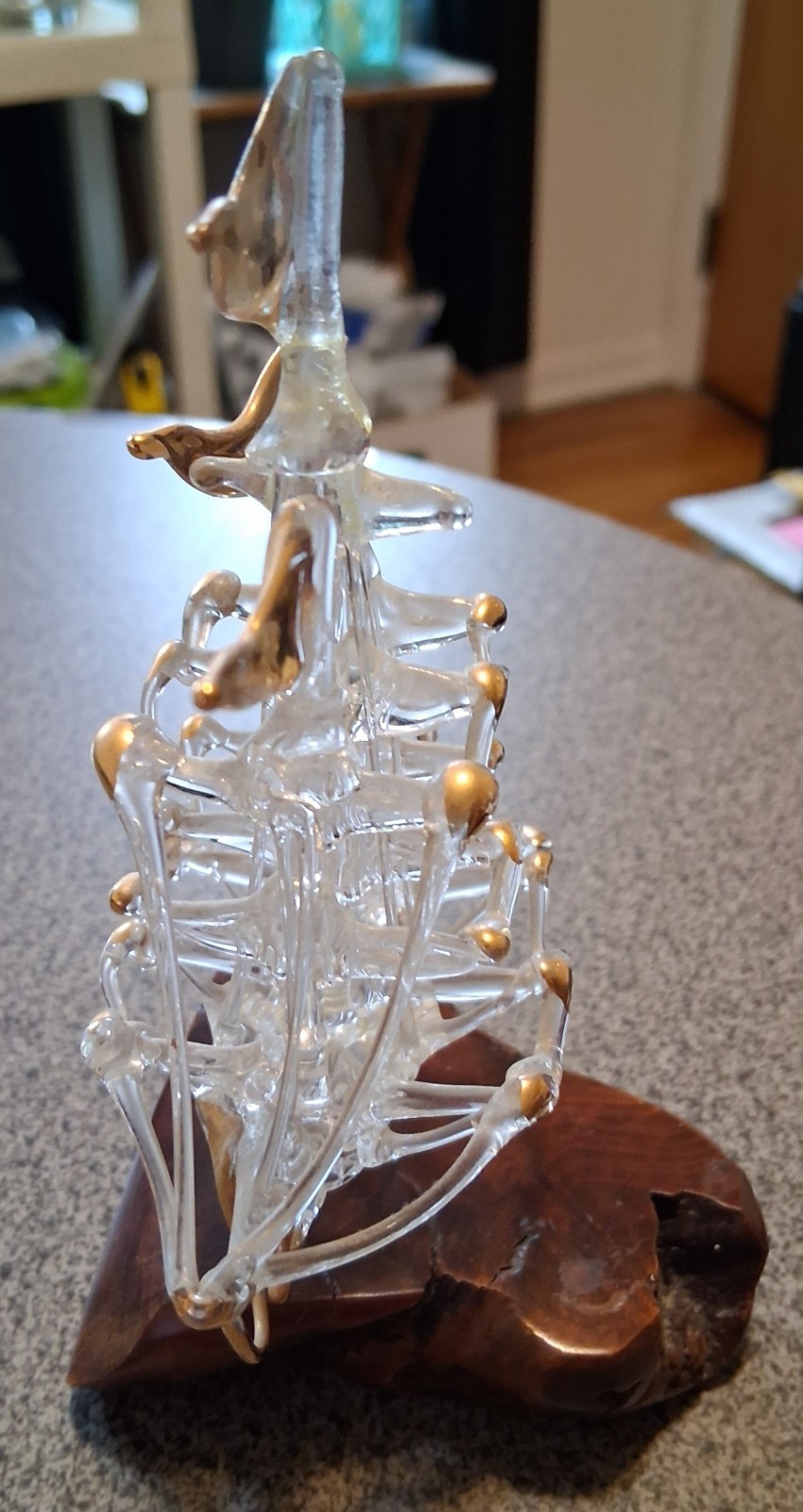 Vtg Hand Spun Blown Glass Art Nautical Sail Boat Ship mint condition Wooden Base