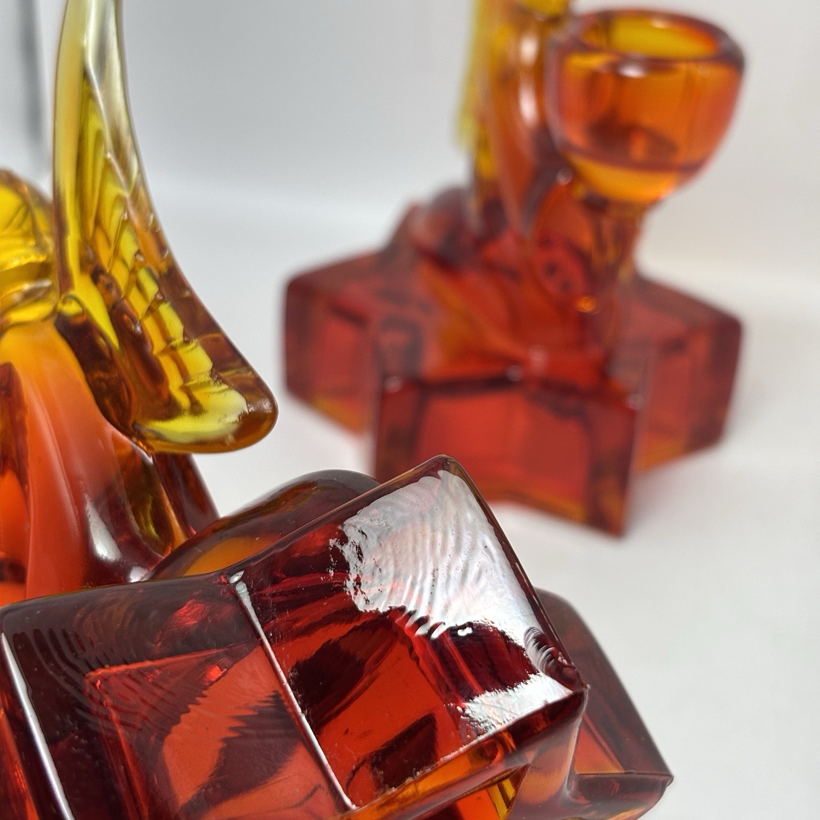 L E Smith Angel Star Candle Holder Amberina, Orange Glass Set Of 2 READ