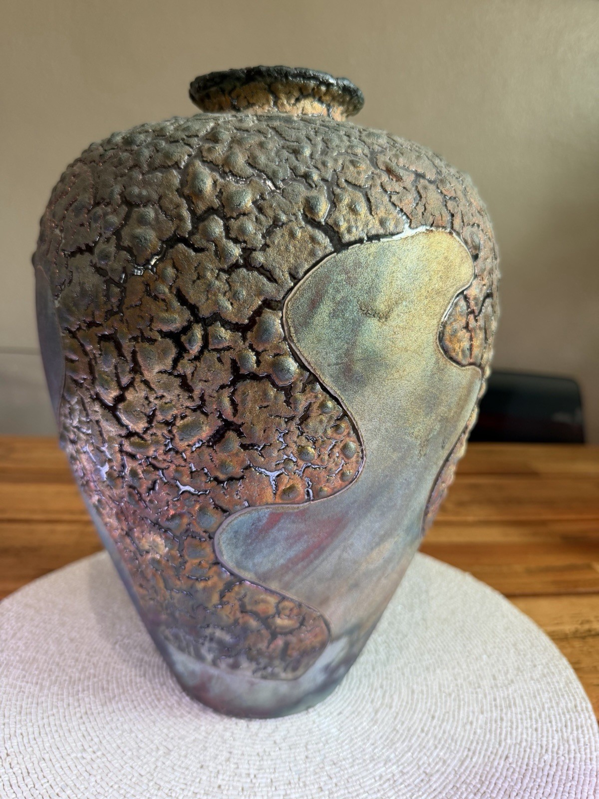Signed StudioPottery RakuVase KJ Williams Copper MetallicCrackle Sculptural Vase