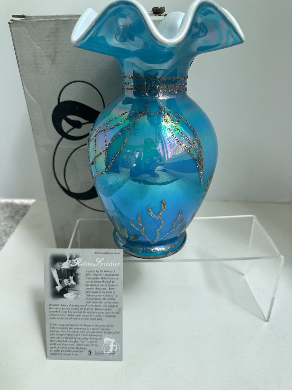Fenton Designer Showcase Iridized Turquoise Overlay Koi Seascape Vase. Signed