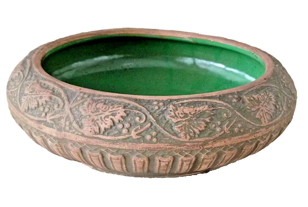 ANTIQUE RED WING BRUSHWARE GRAPE LEAF BULB BOWL PLANTER ARTS CRAFTS POTTERY 10in