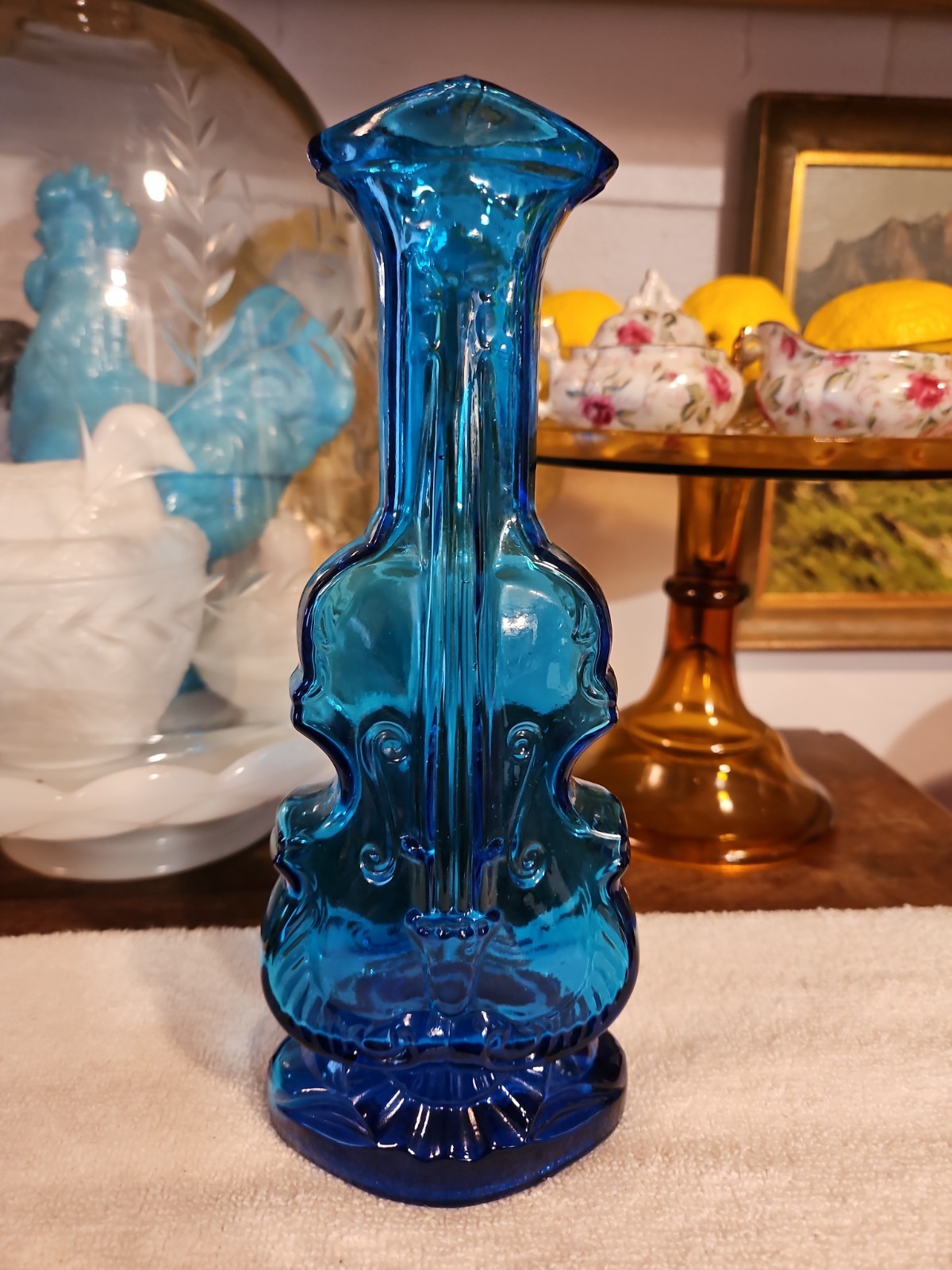 Vintage Imperial Glass Blue Violin Cello Vase 9.5” TALL 4.5 WIDE