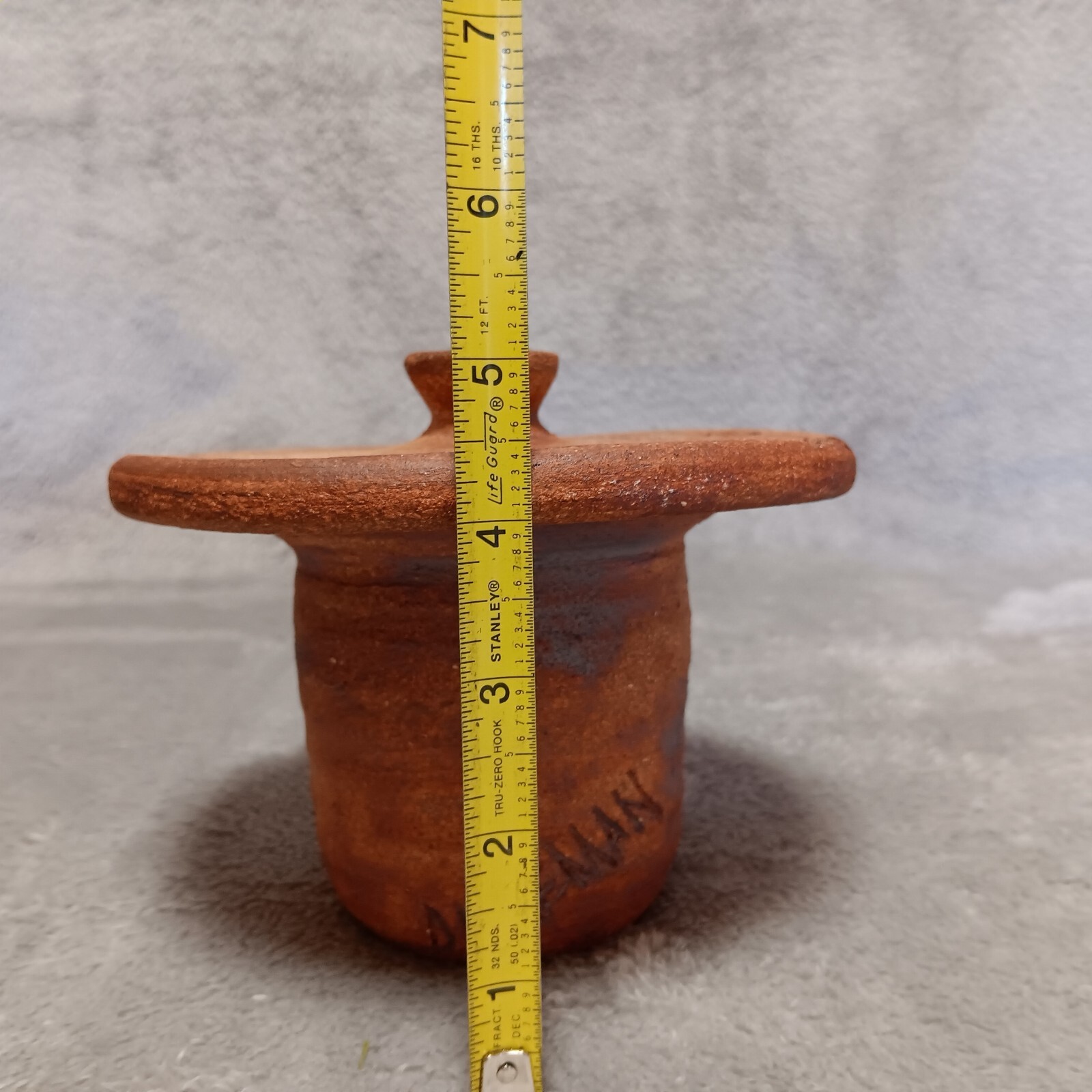 Art Pottery Brown Clay Hand Thrown Flat Top Vase/Pot Vine Cut Top Signed Dukeman
