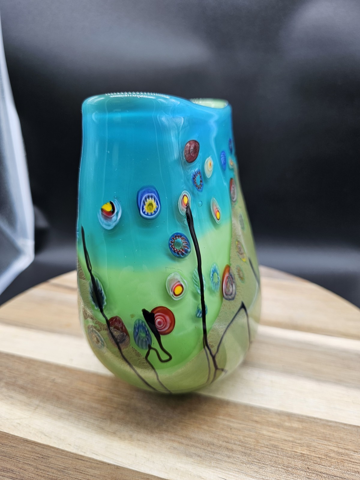 Murano Style Blown Art Glass Multicolor Flat Vase
