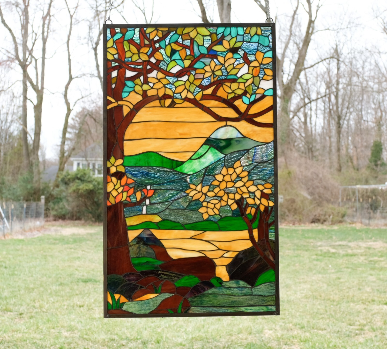 Tiffany Style stained glass window panel Dawn in Valley. 20.5″ x 34.5″