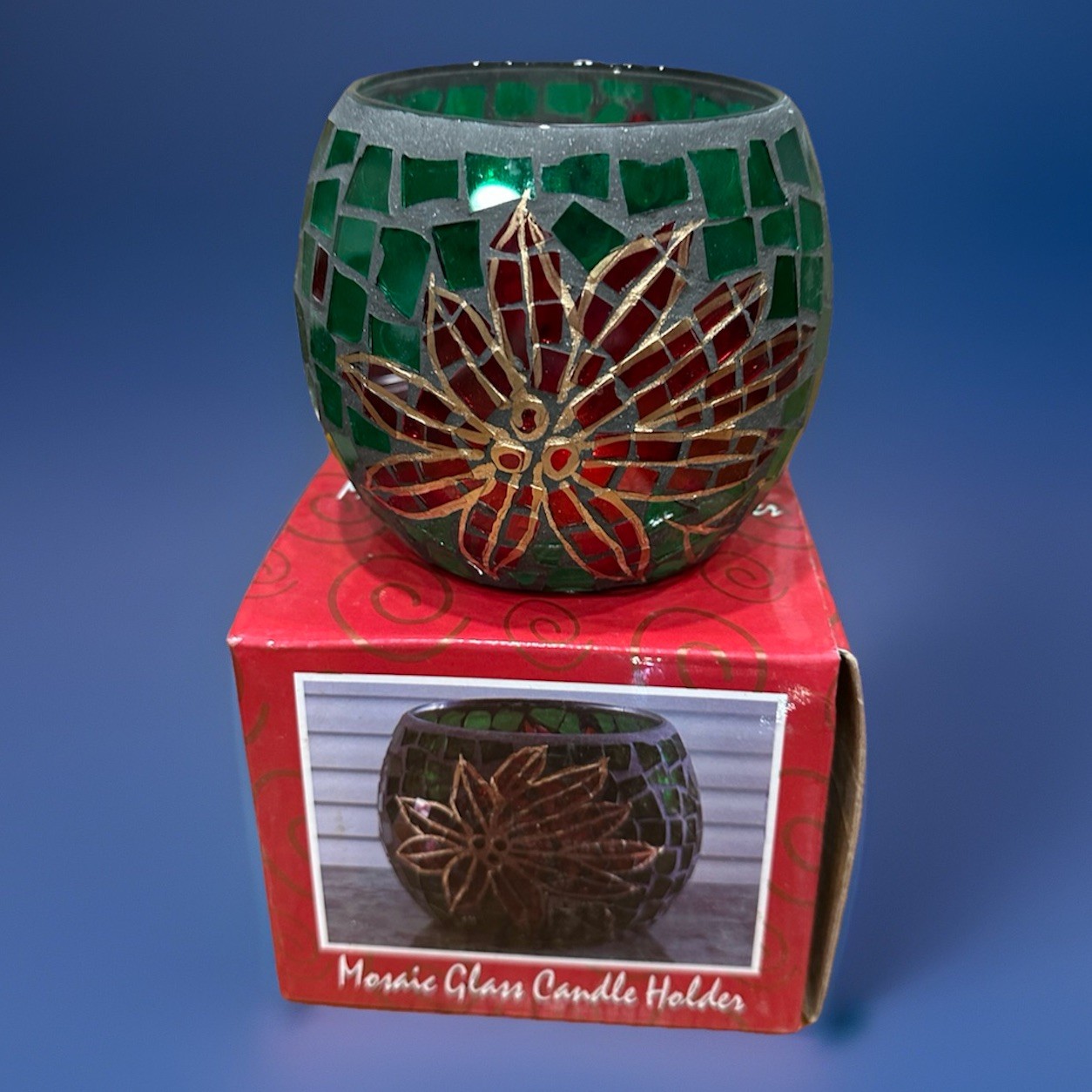 Vintage Christmas Holiday Poinsettia Mosaic Glass Candle Holder New With Box