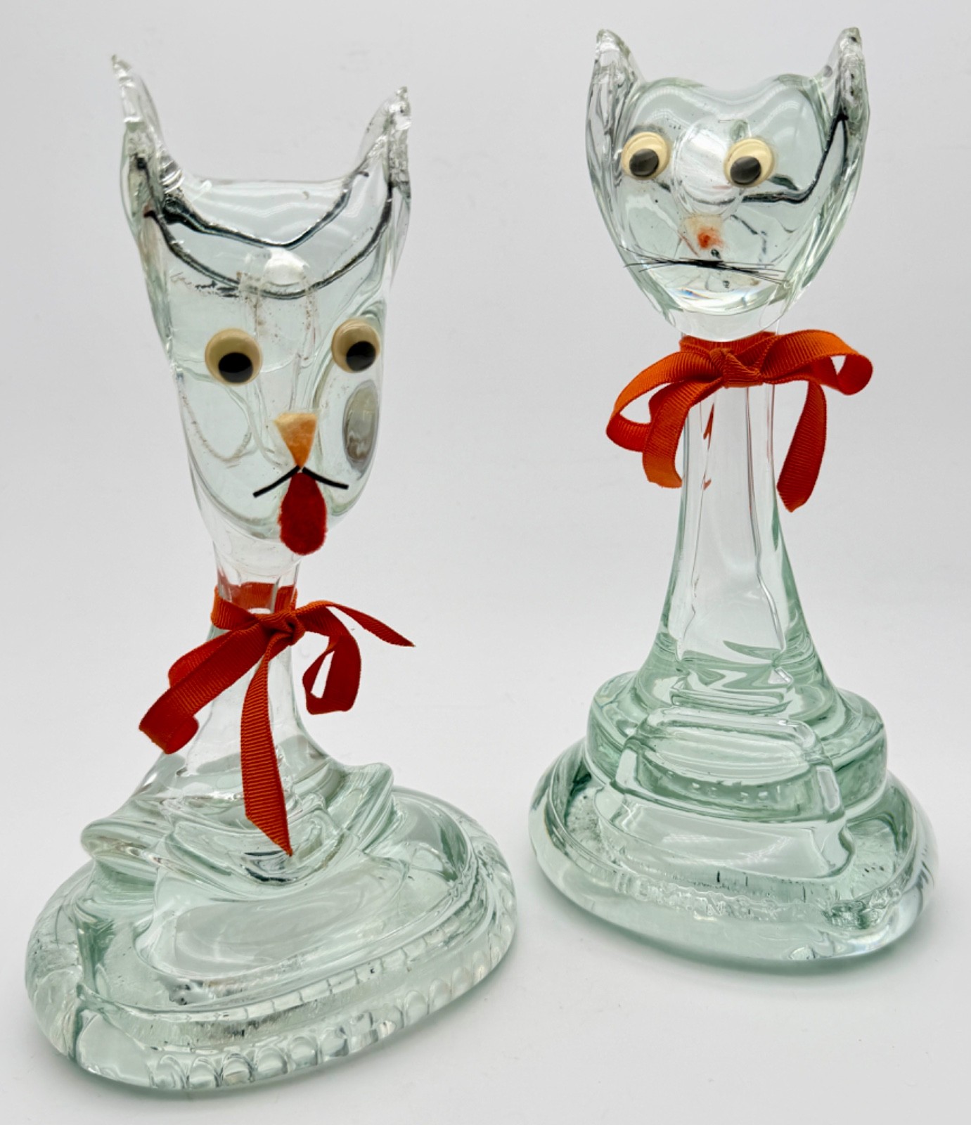 Vintage Hand Blown Art Clear Glass Cat Sculpture Figurine Paperweight Set of 2