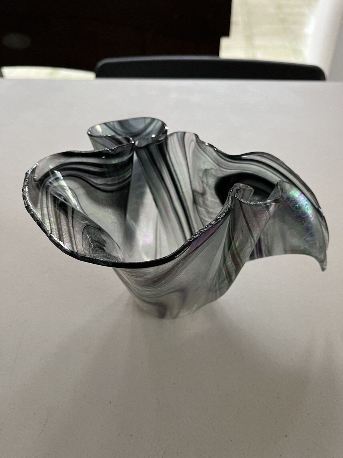 Fused Stained Glass Gray & Black Marble Art Work Vase Table Sculpture Beautiful