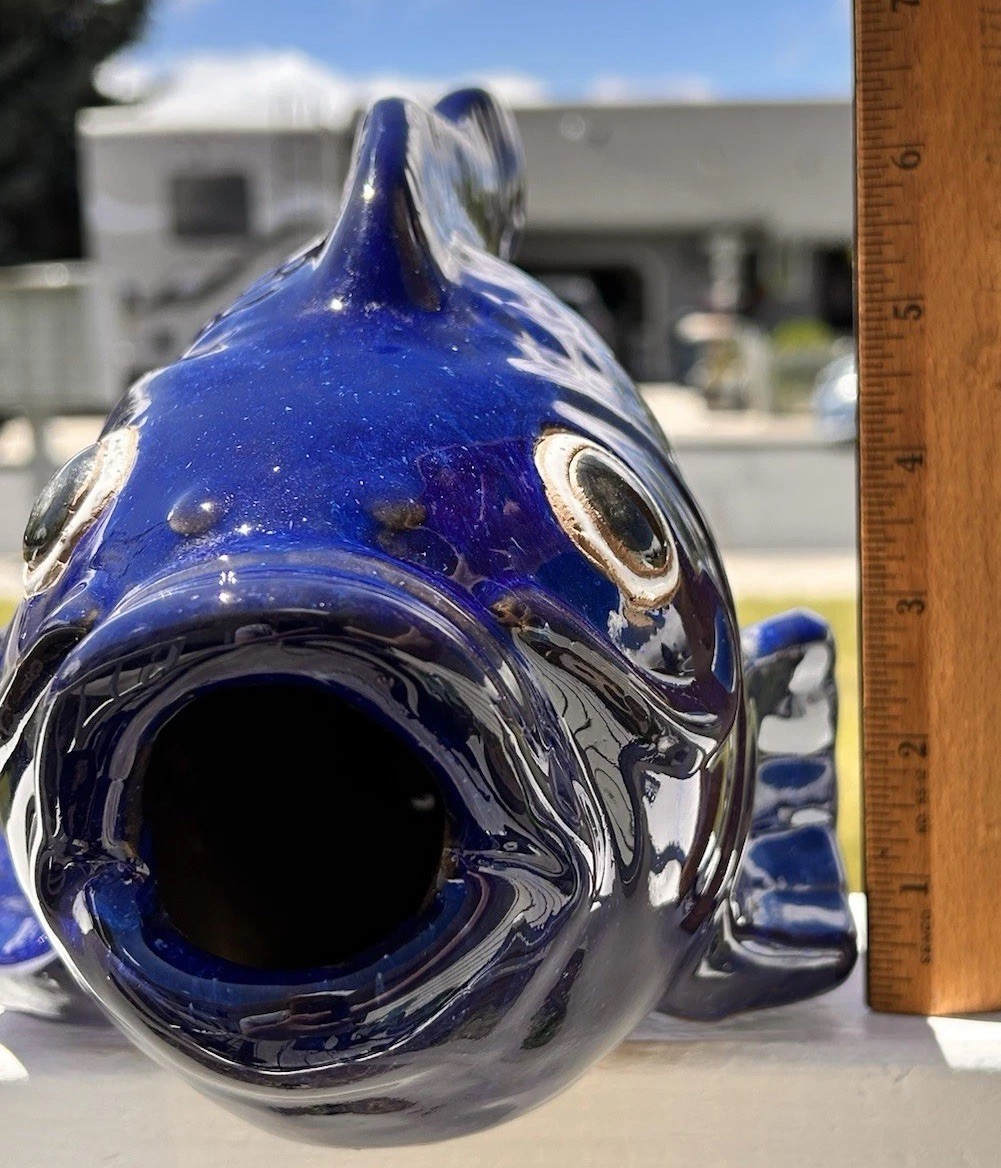 Art Pottery Cobalt Blue Fish Koi Sculpture Garden Decor World Market Approx 12”L