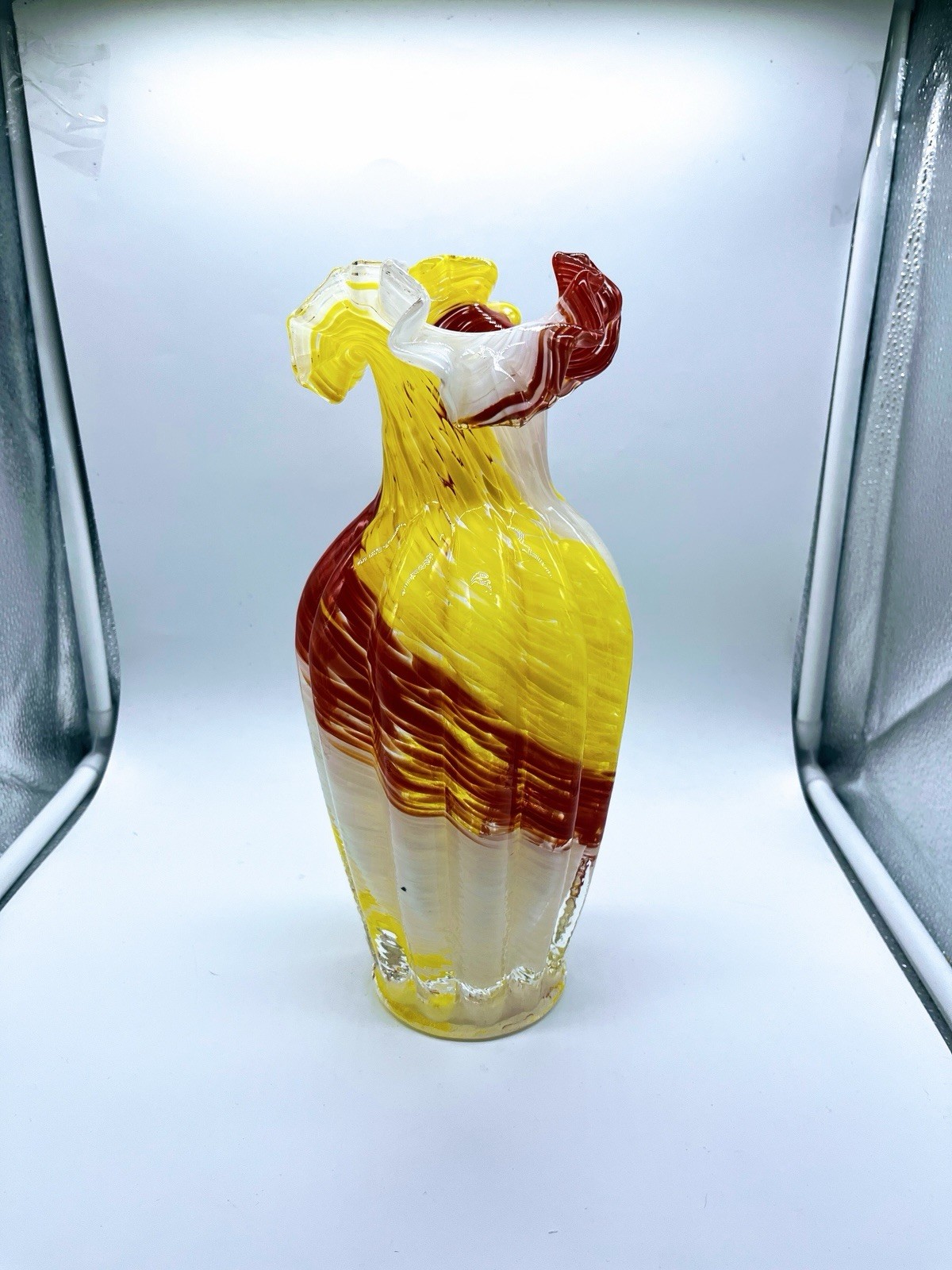 Orange and Yellow Riddled Art Glass Vase