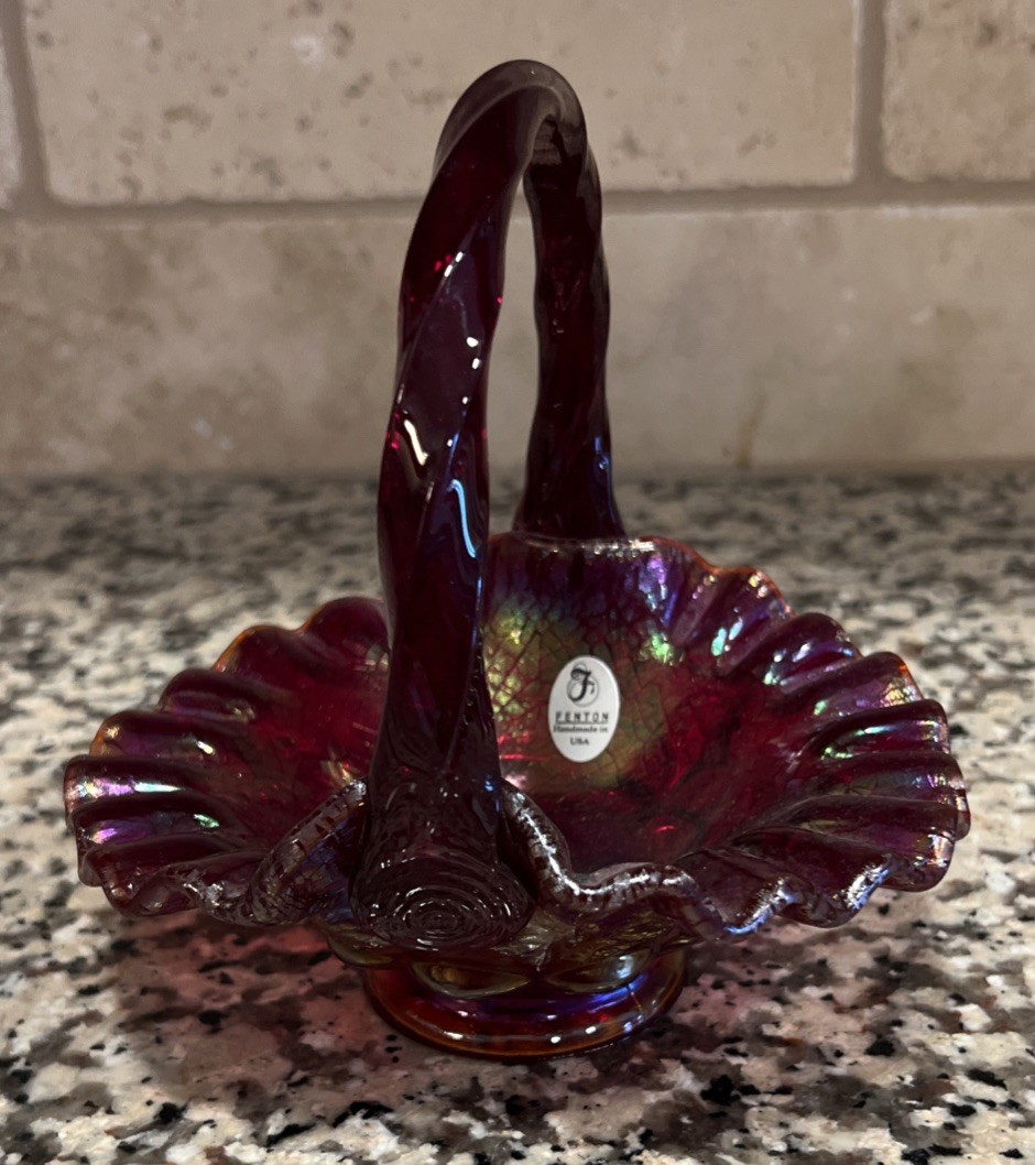 Fenton Classic Cranberry Iridescent Carnival Glass Ruffled Basket Grapes Leaves